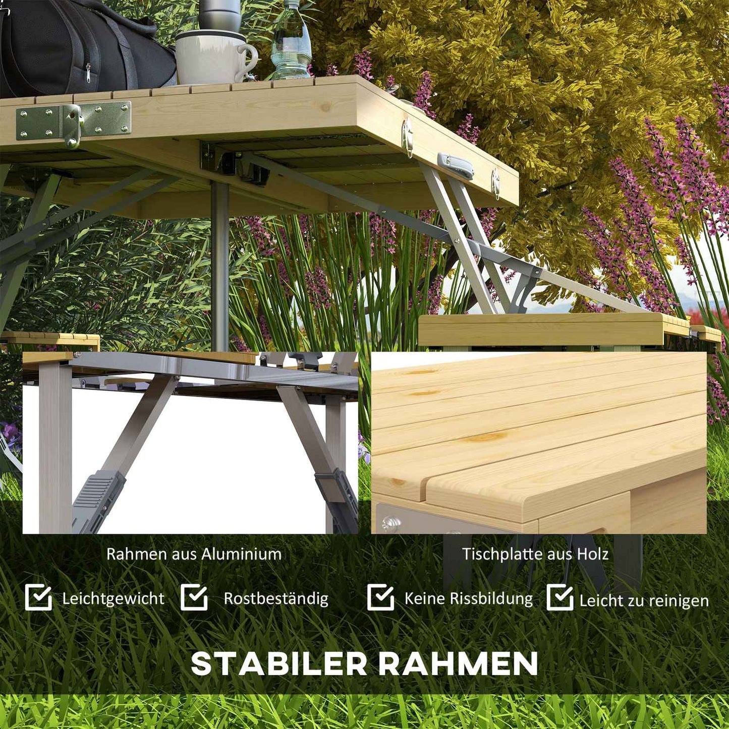 Foldable picnic table in fir wood with bench and umbrella hole