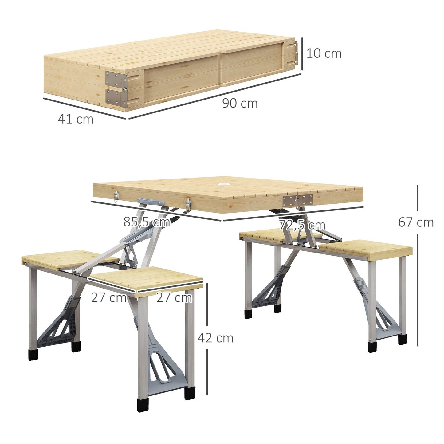 Foldable picnic table in fir wood with bench and umbrella hole