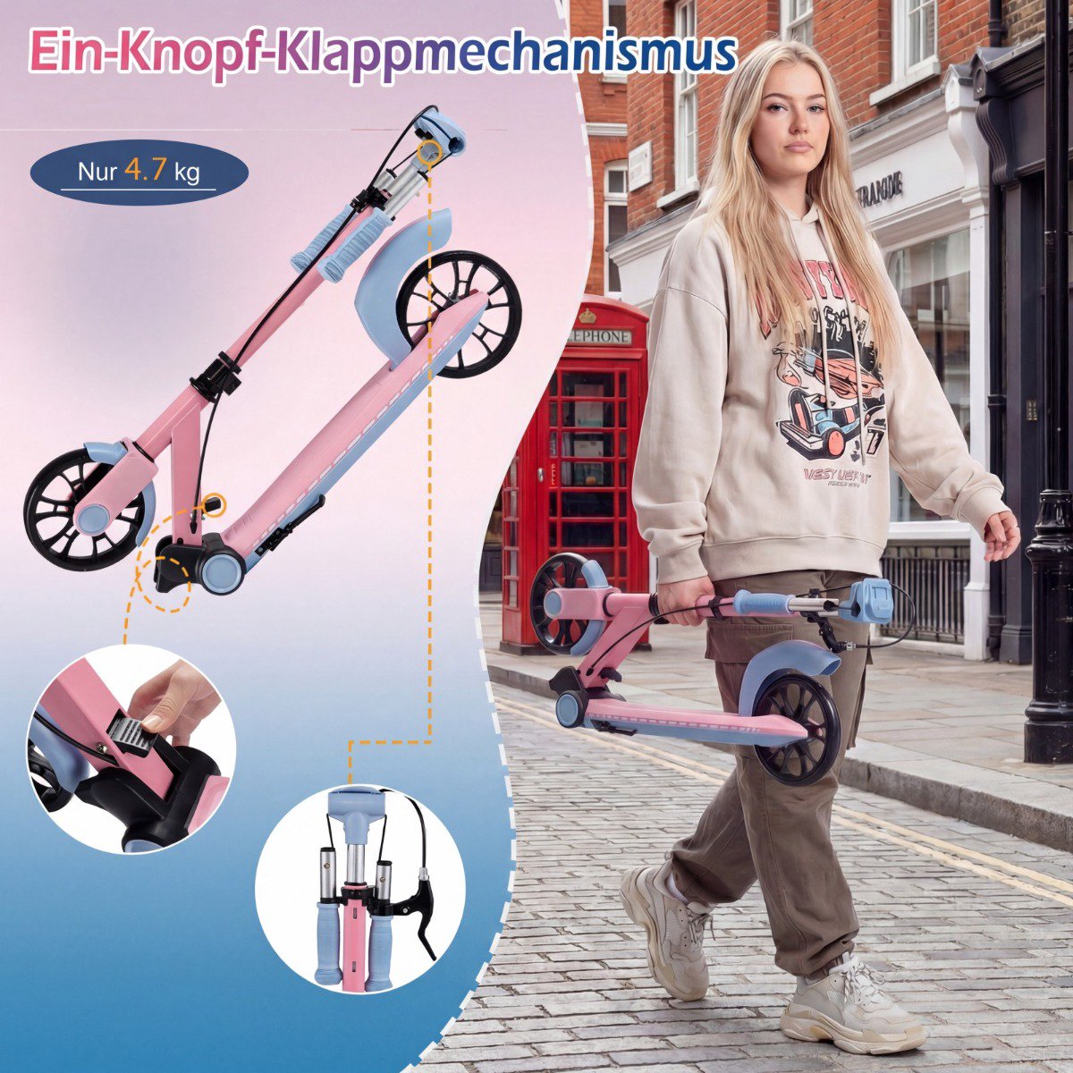 Foldable Pink Scooter with LED Wheels & Adjustable Handle