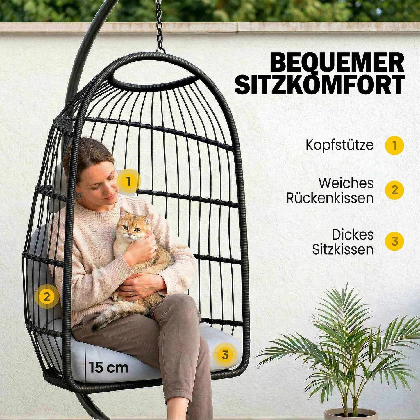 Foldable Polyrattan Hanging Chair with Stand and Cushions
