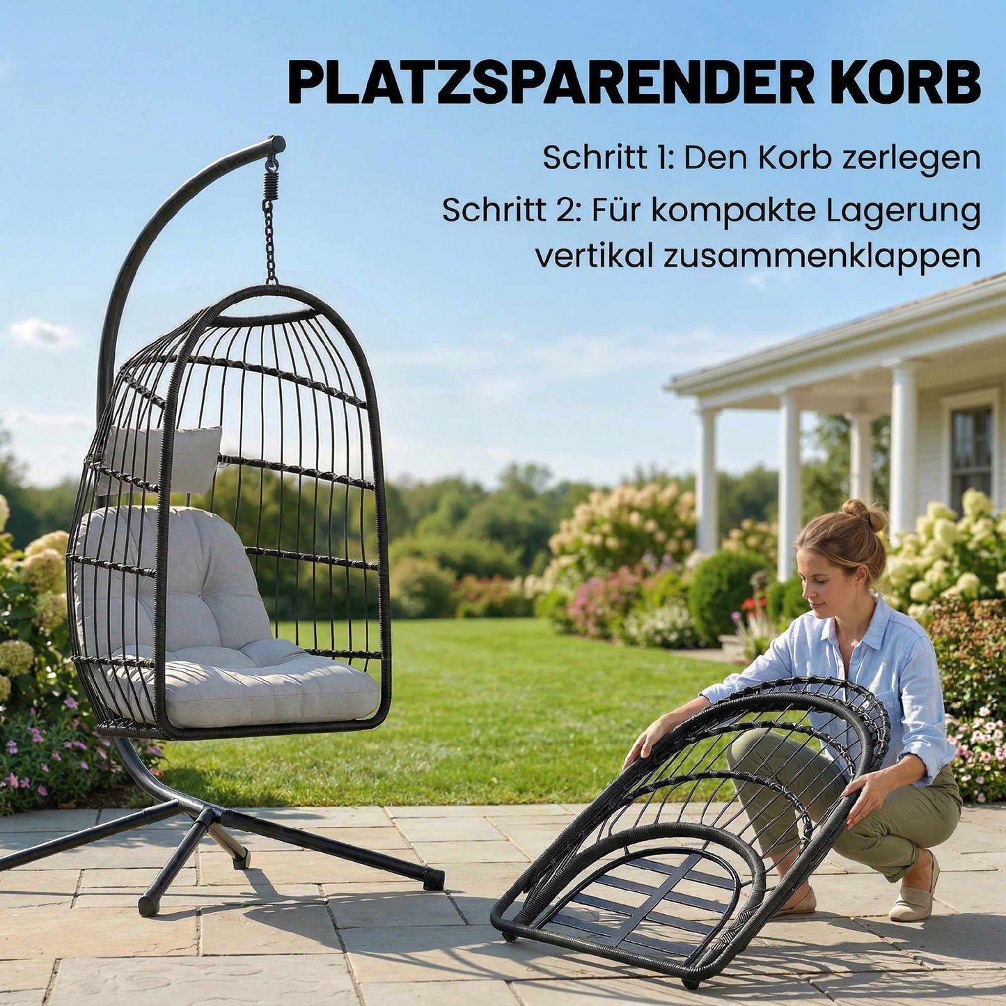 Foldable Polyrattan Hanging Chair with Stand and Cushions