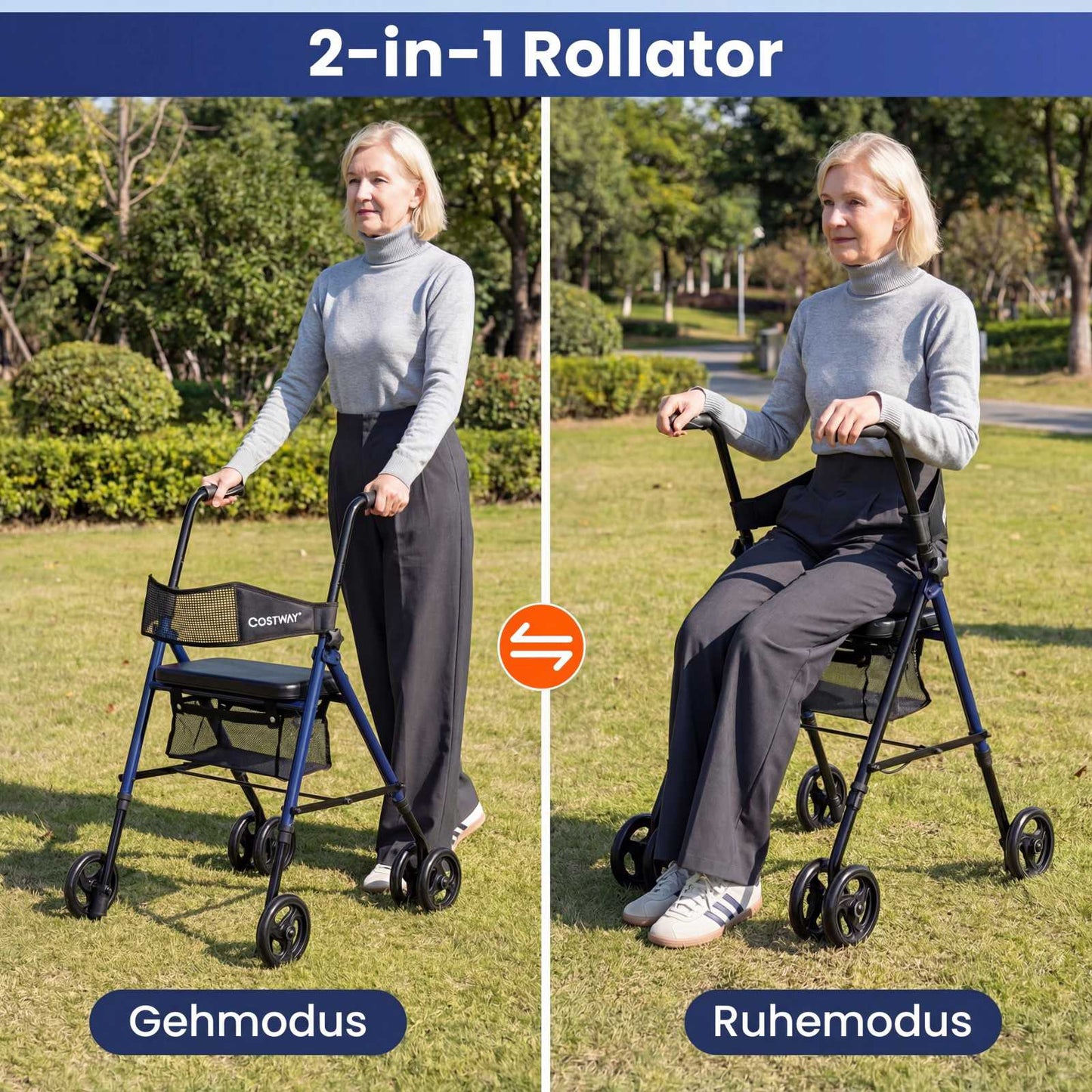 Foldable Rollator with Seat, Adjustable Height, Blue