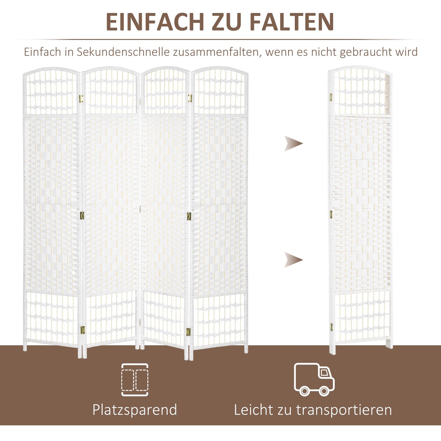 Foldable Room Divider, 4 Panels, White, Wood Frame
