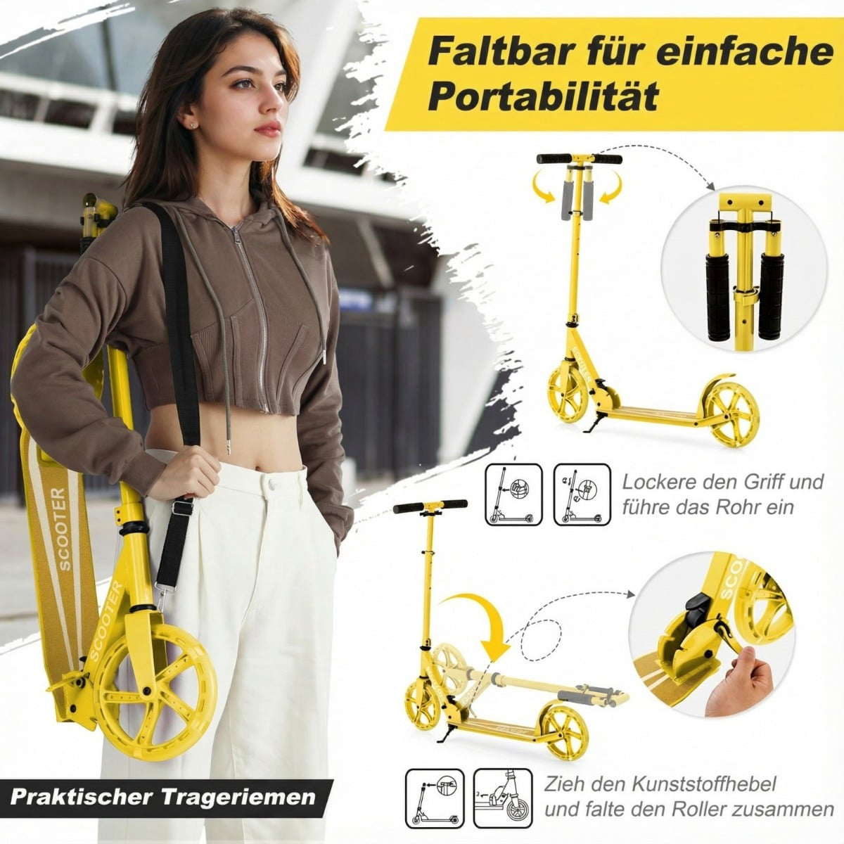 Foldable Scooter with 110kg Capacity, 2 LED Wheels, Adjustable Height