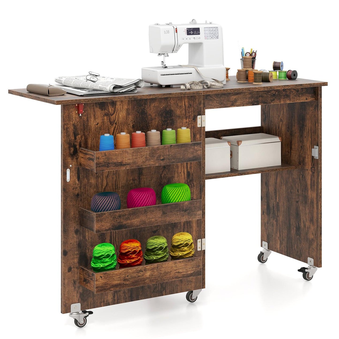 Foldable Sewing Table with Storage, Lockable Wheels, Brown