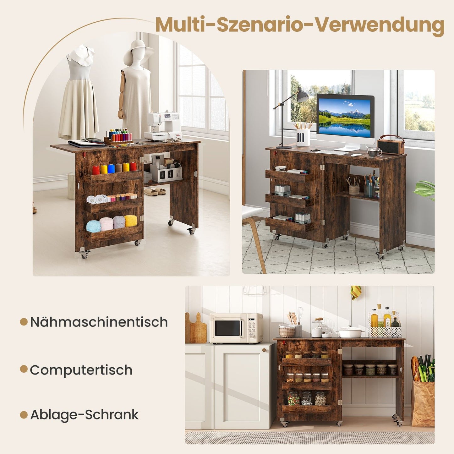 Foldable Sewing Table with Storage, Lockable Wheels, Brown