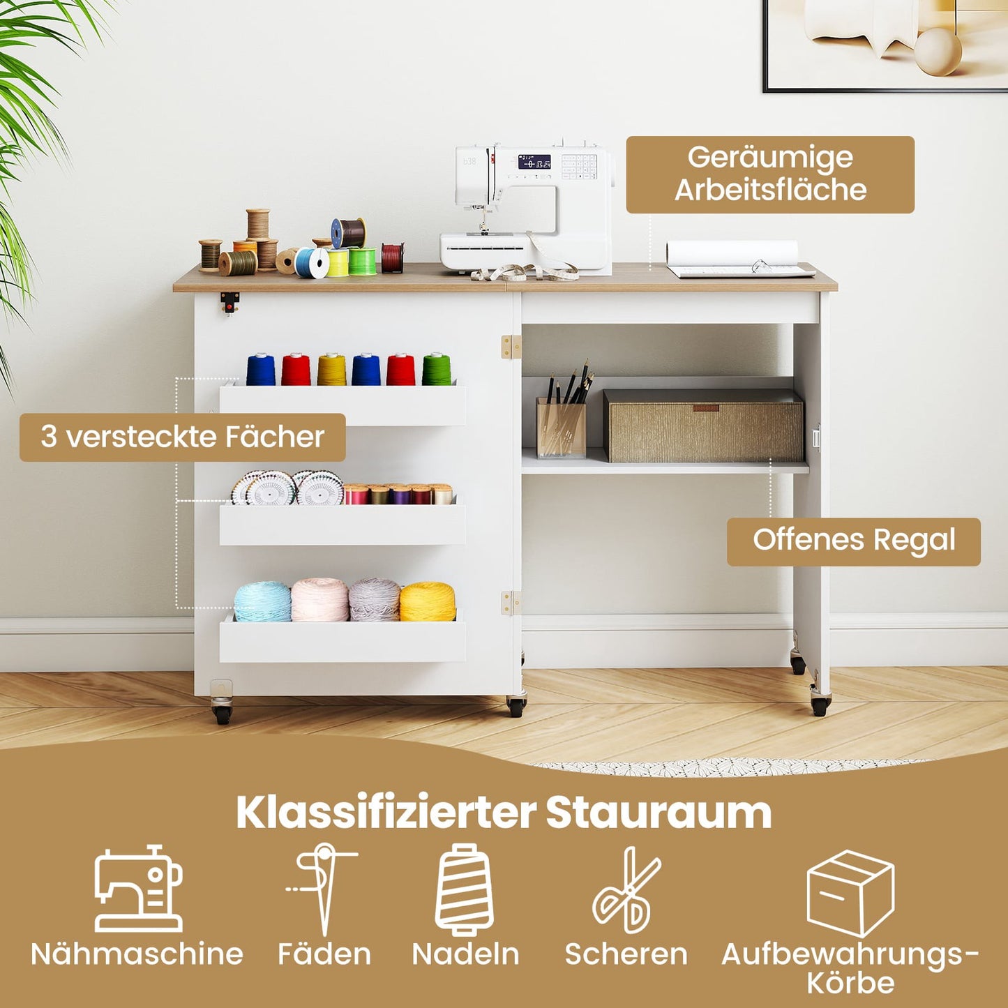 Foldable Sewing Table with Storage, Lockable Wheels, White