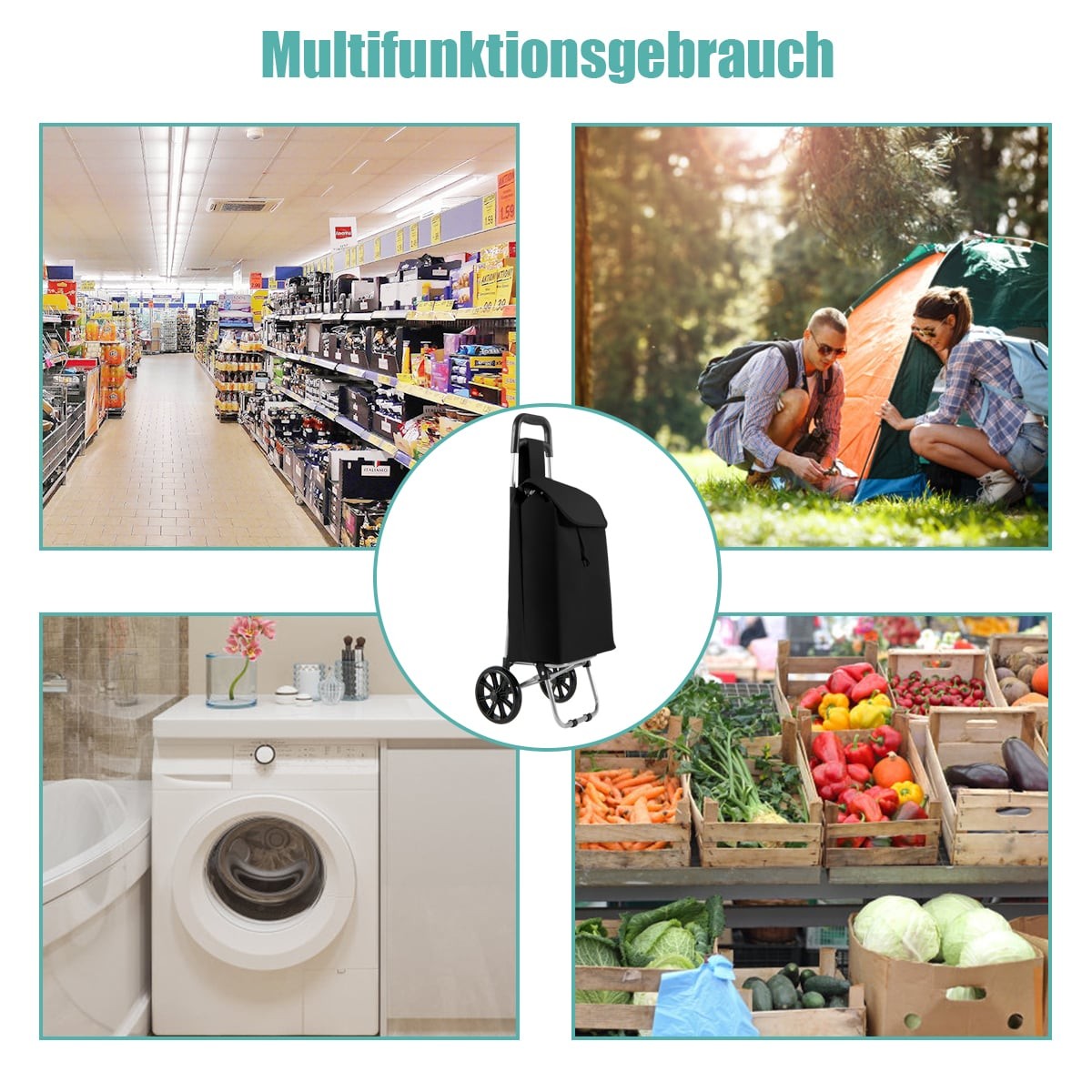 Foldable Shopping Trolley with 35L Detachable Bag, Black