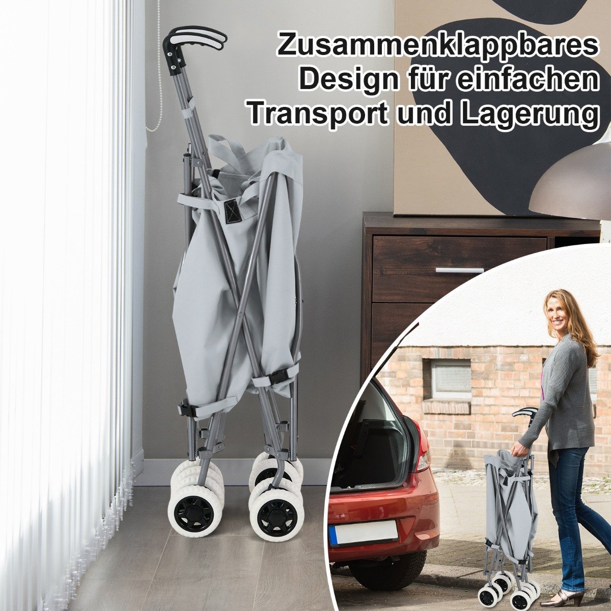 Foldable Shopping Trolley with Wheels Capacity 90L/55kg Handcart with Removable Oxford Bag Gray