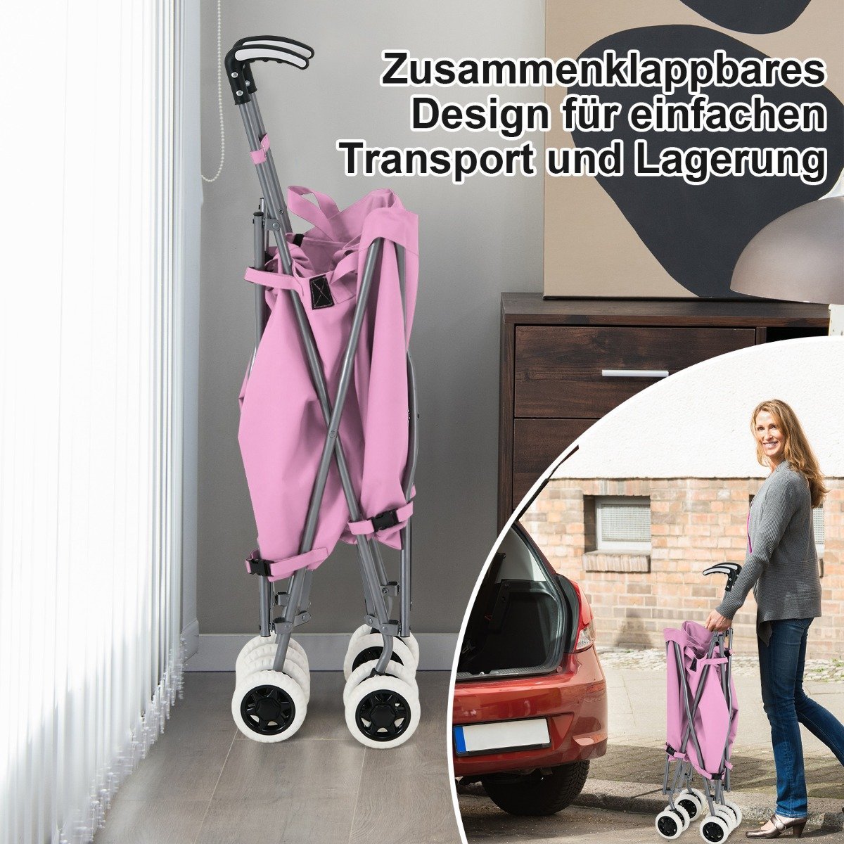 Foldable Shopping Trolley with Wheels Capacity 90L/55kg Handcart with Removable Oxford Bag Pink