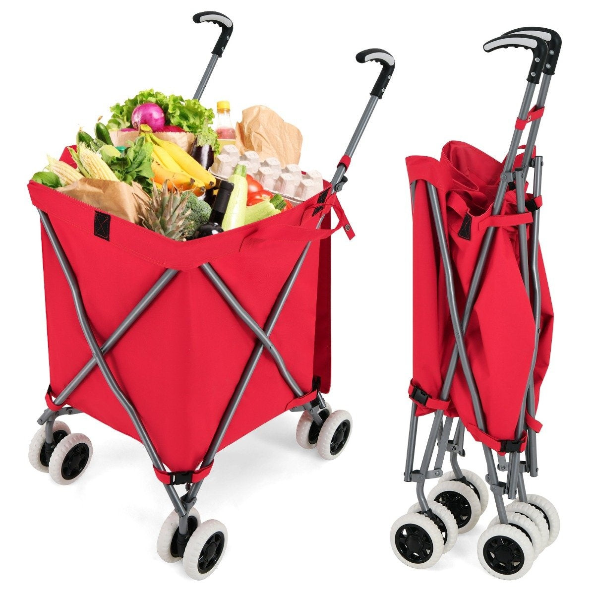 Foldable Shopping Trolley with Wheels Capacity 90L/55kg Handcart with Removable Oxford Bag Red
