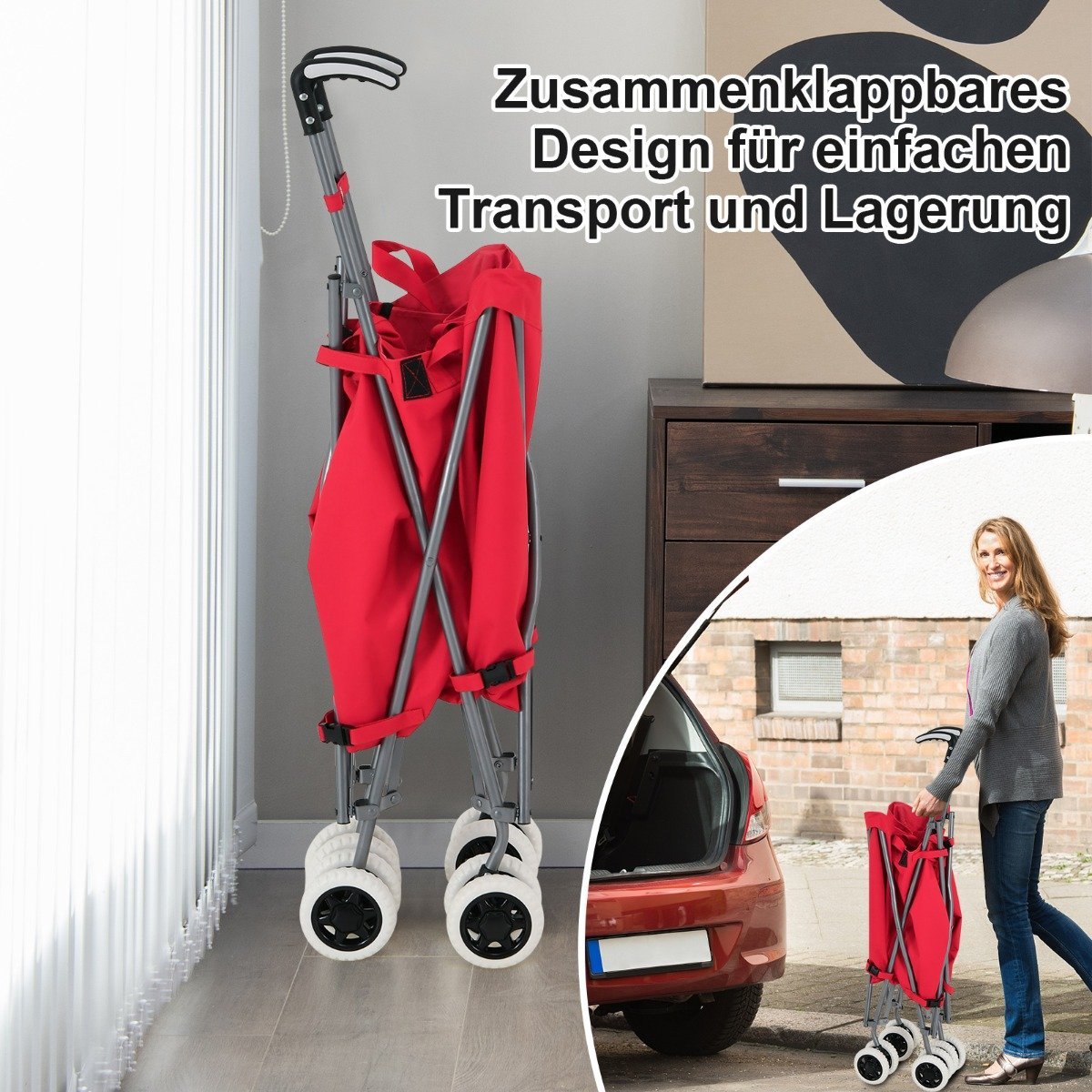 Foldable Shopping Trolley with Wheels Capacity 90L/55kg Handcart with Removable Oxford Bag Red