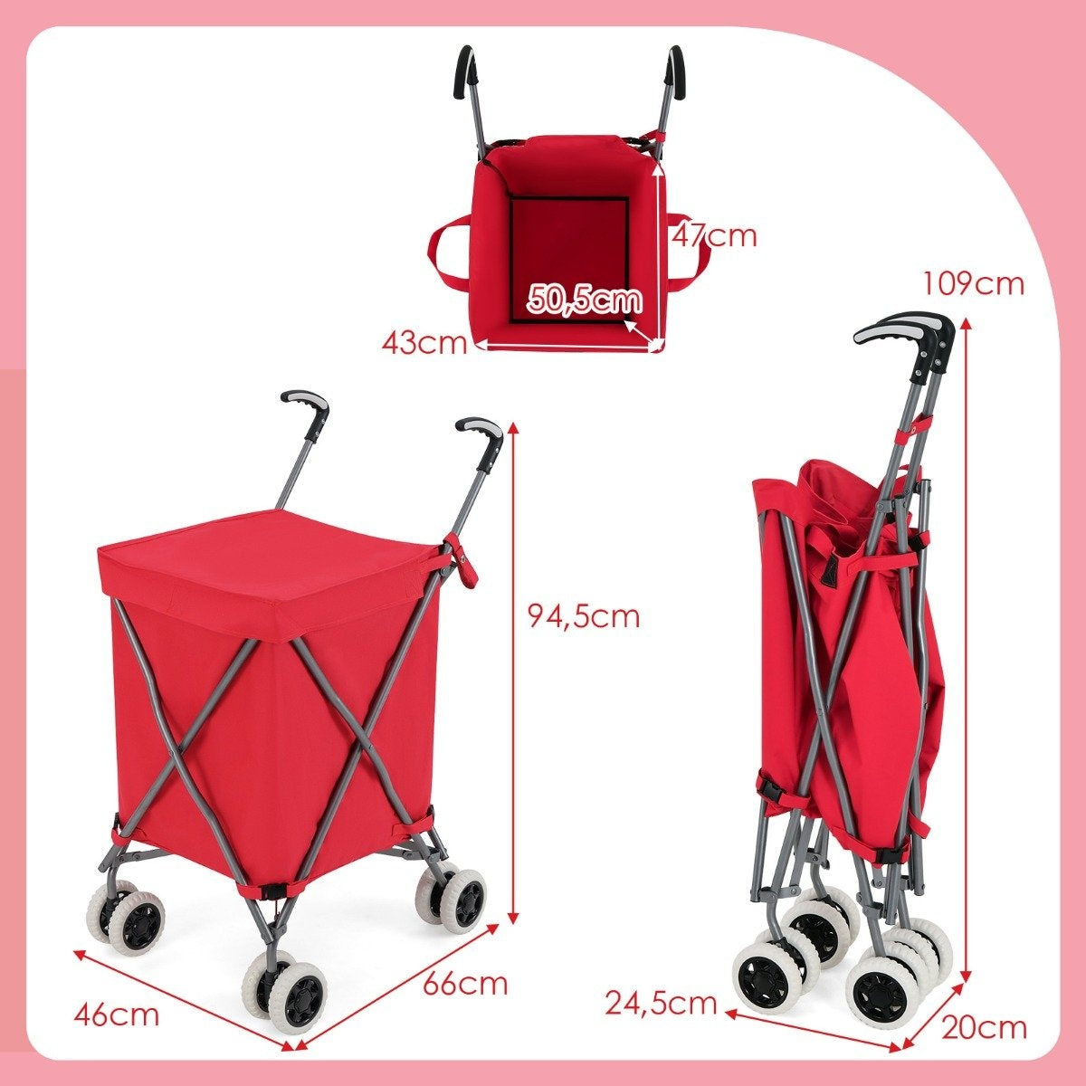 Foldable Shopping Trolley with Wheels Capacity 90L/55kg Handcart with Removable Oxford Bag Red