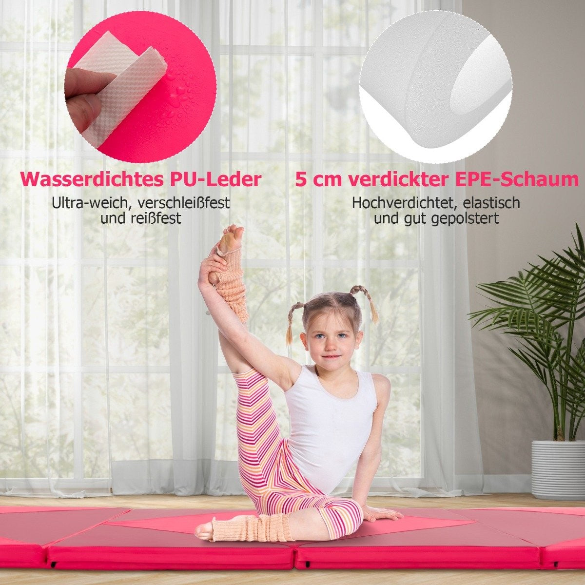 Foldable Soft Floor Mat Portable Gymnastics Mat Yoga Mat 240 x 117 x 5 cm Pink