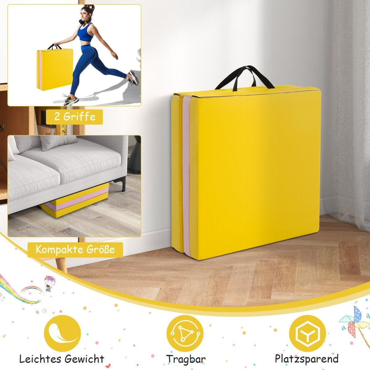 Foldable Soft Floor Mat with 2 Handles Non-Slip Gymnastics Mat 180 x 60 x 5 cm Pink + Yellow
