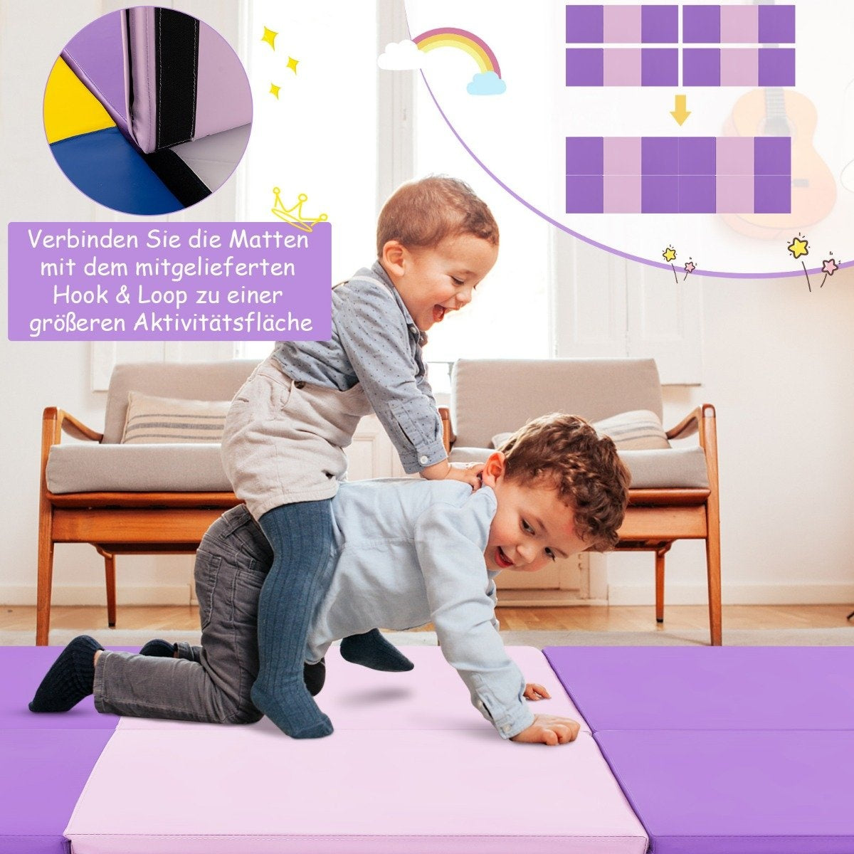Foldable Soft Floor Mat with 2 Handles Non-Slip Gymnastics Mat 180 x 60 x 5 cm Purple + Pink