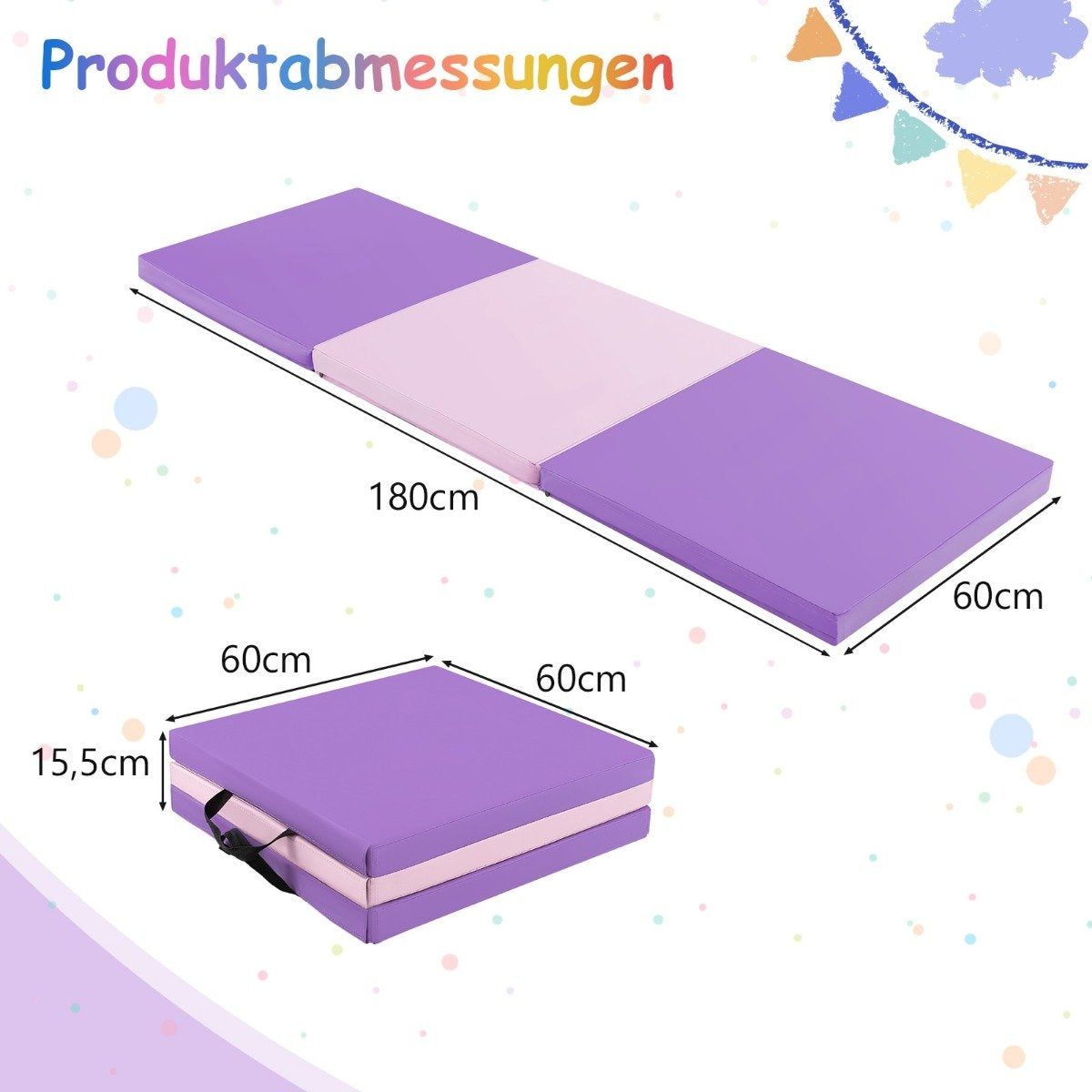 Foldable Soft Floor Mat with 2 Handles Non-Slip Gymnastics Mat 180 x 60 x 5 cm Purple + Pink