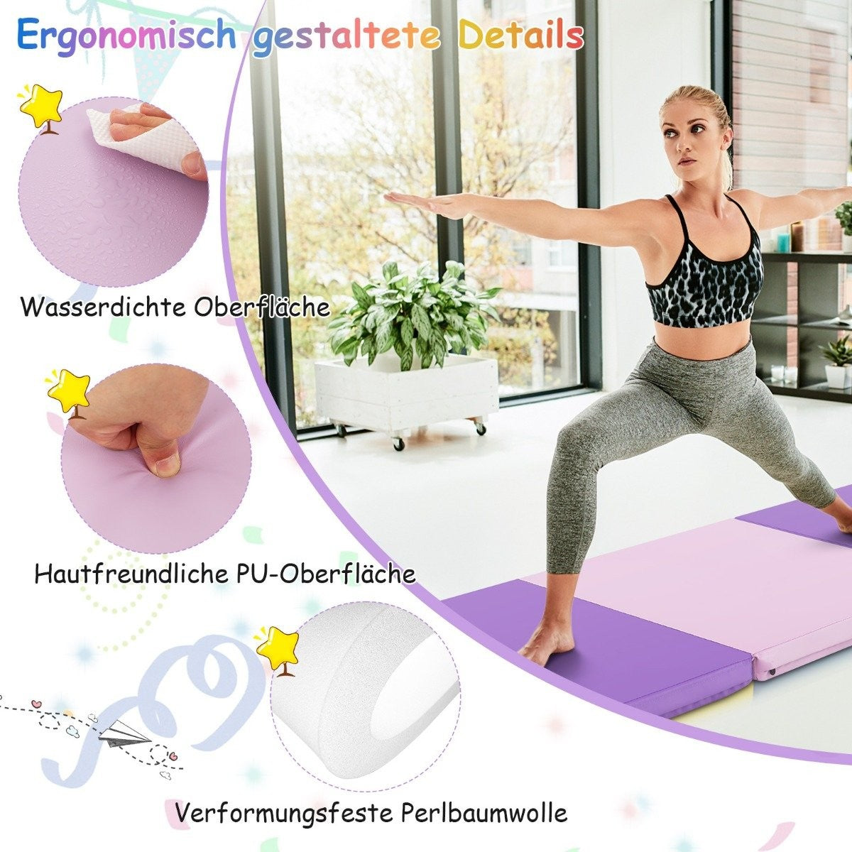 Foldable Soft Floor Mat with 2 Handles Non-Slip Gymnastics Mat 180 x 60 x 5 cm Purple + Pink