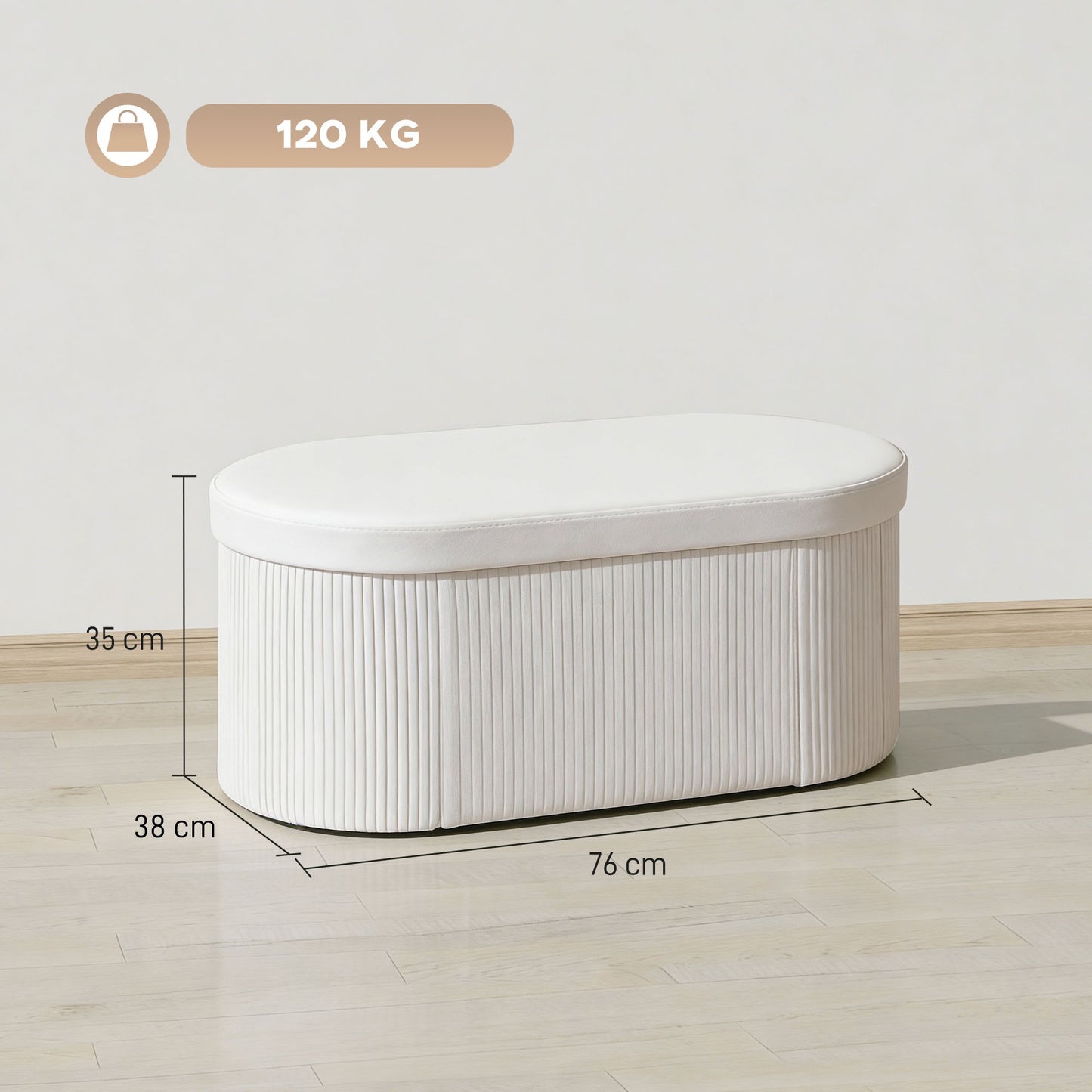 Foldable Storage Bench with Velvet Look, Cream, 76x38x35 cm
