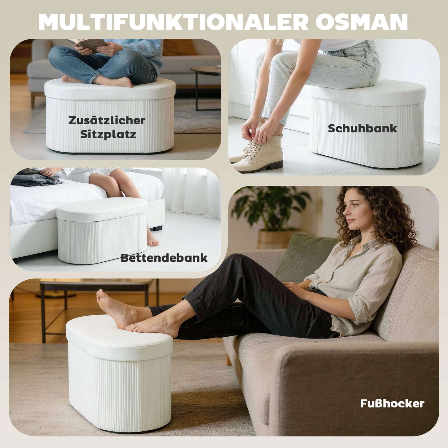 Foldable Storage Bench with Velvet Look, Cream, 76x38x35 cm