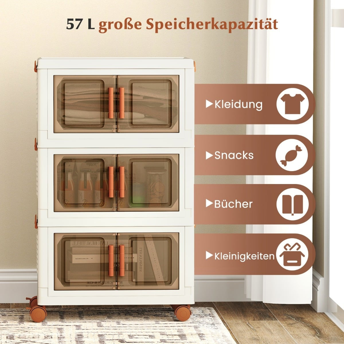 Foldable Storage Box with Wheels, Transparent Doors, 57L