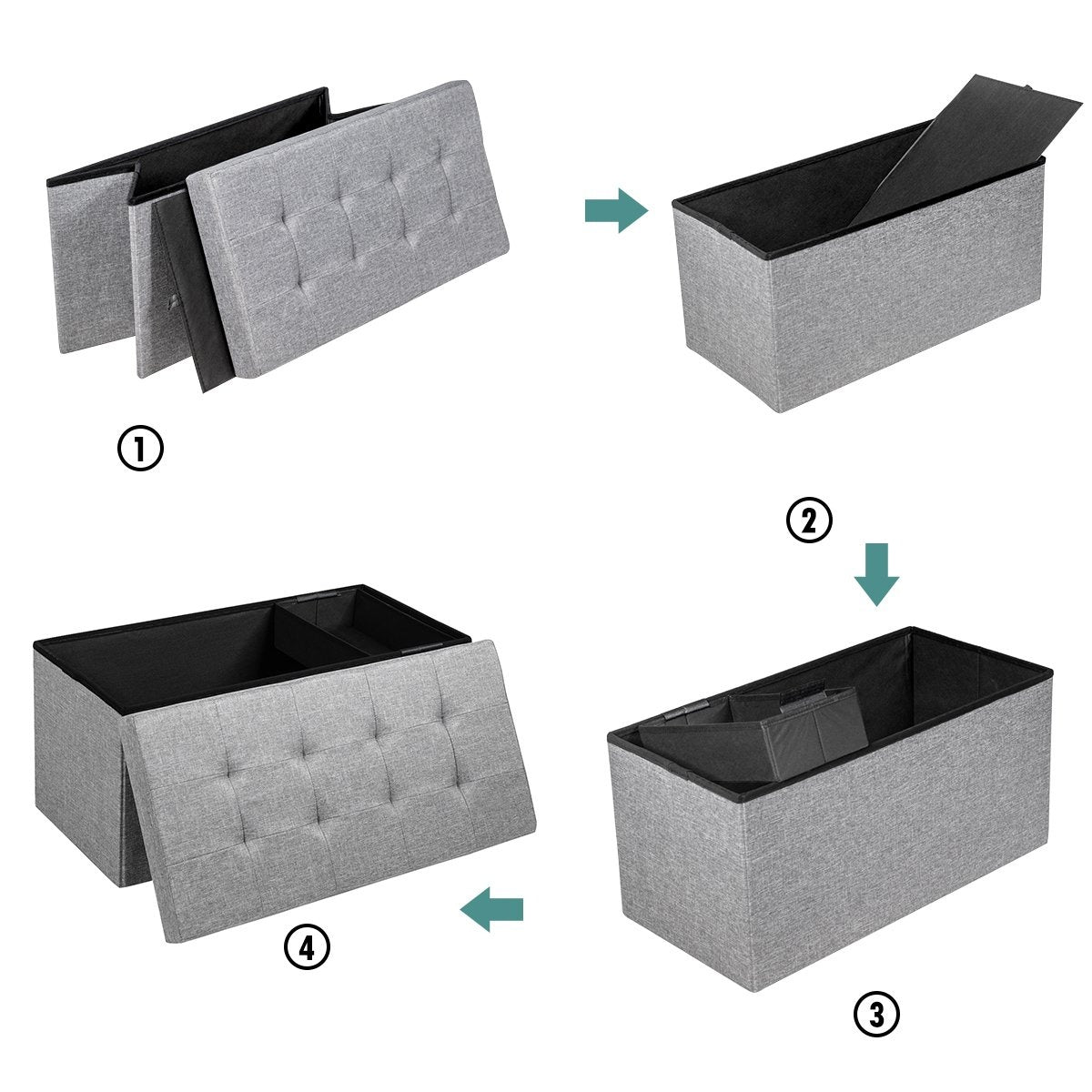Foldable Storage Ottoman Bench with Padded Seat, Light Grey