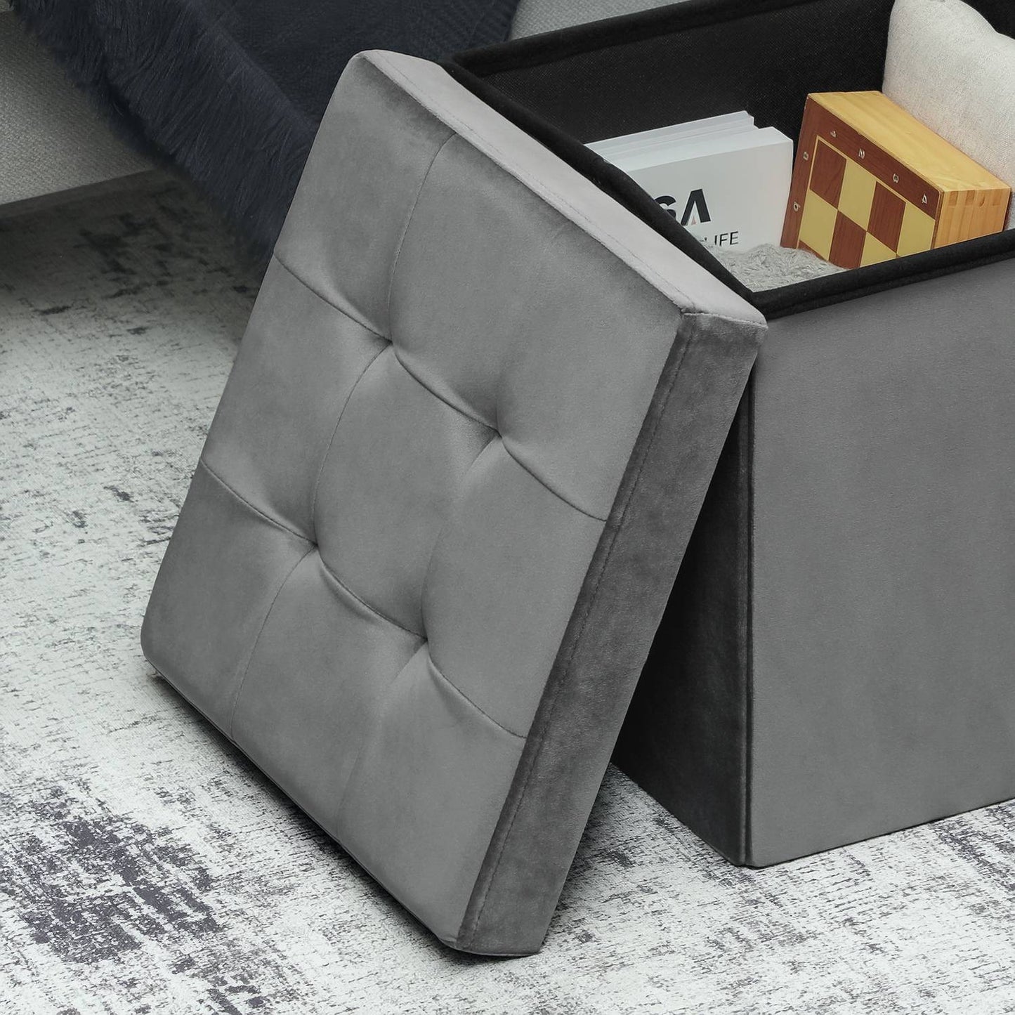 Foldable Storage Ottoman with Foam, MDF, Gray, 37.6L
