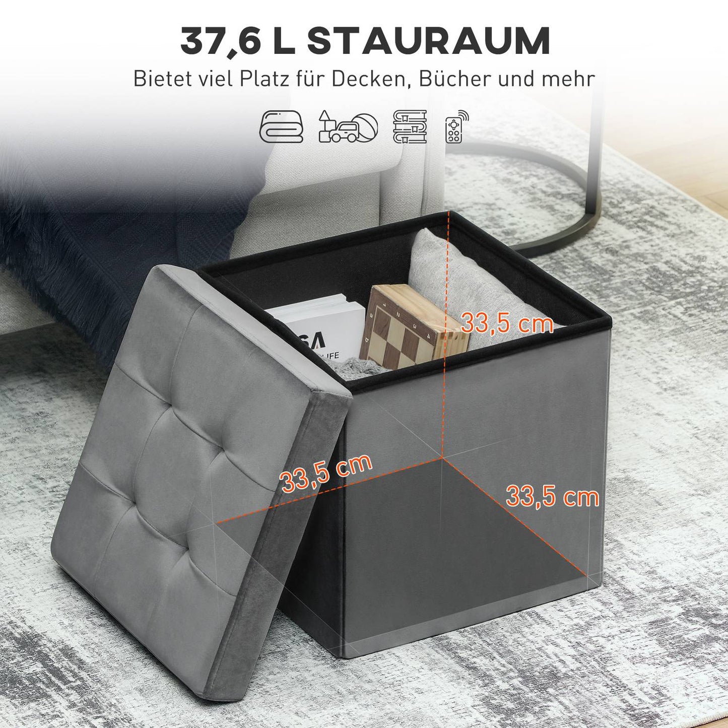 Foldable Storage Ottoman with Foam, MDF, Gray, 37.6L