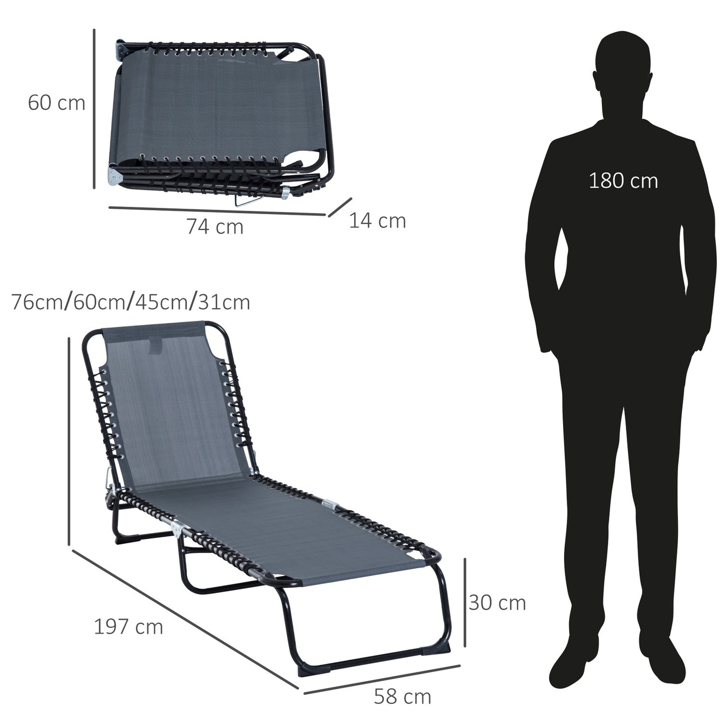 Adjustable folding sun lounger, dark gray steel mesh