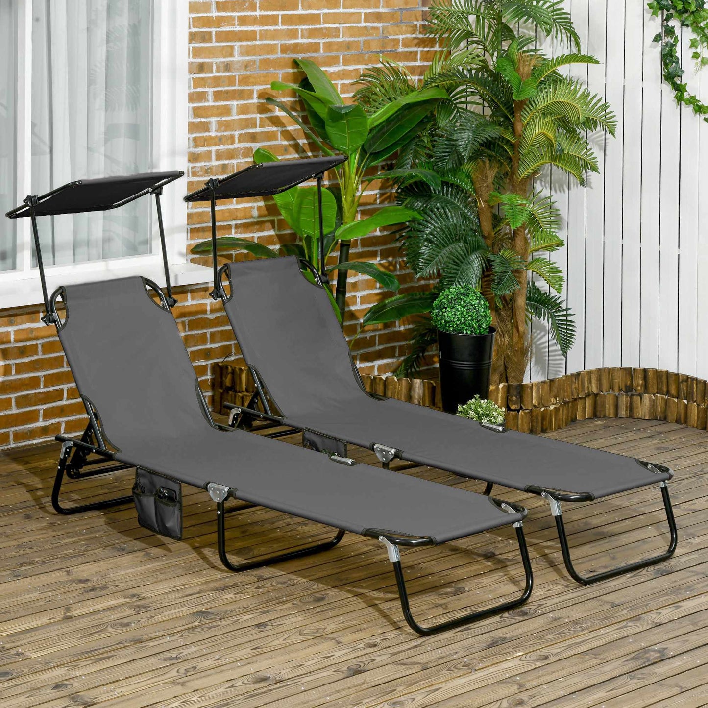 Foldable Sun Lounger Set with Canopy, 5-Position Backrest