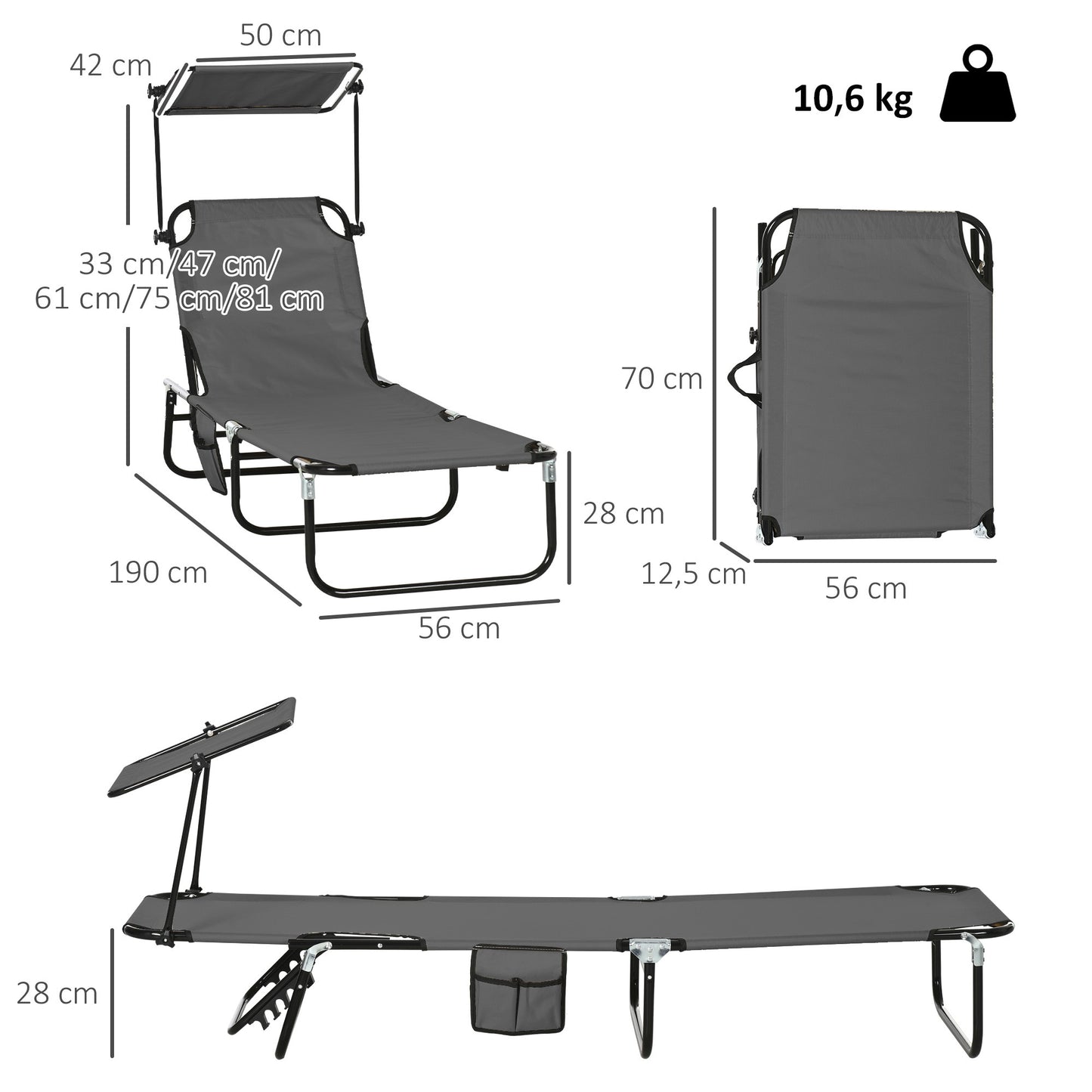Foldable Sun Lounger Set with Canopy, 5-Position Backrest