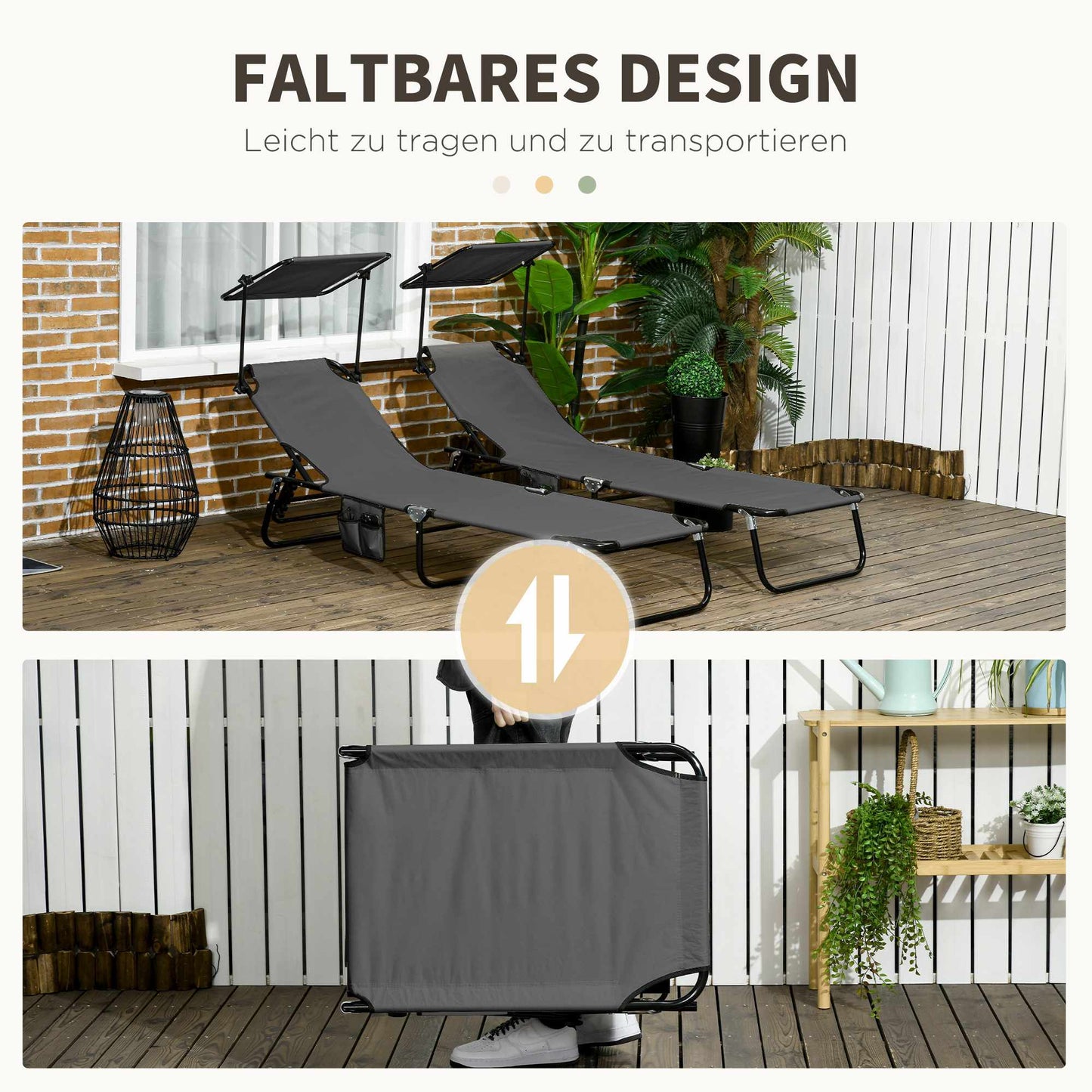Foldable Sun Lounger Set with Canopy, 5-Position Backrest