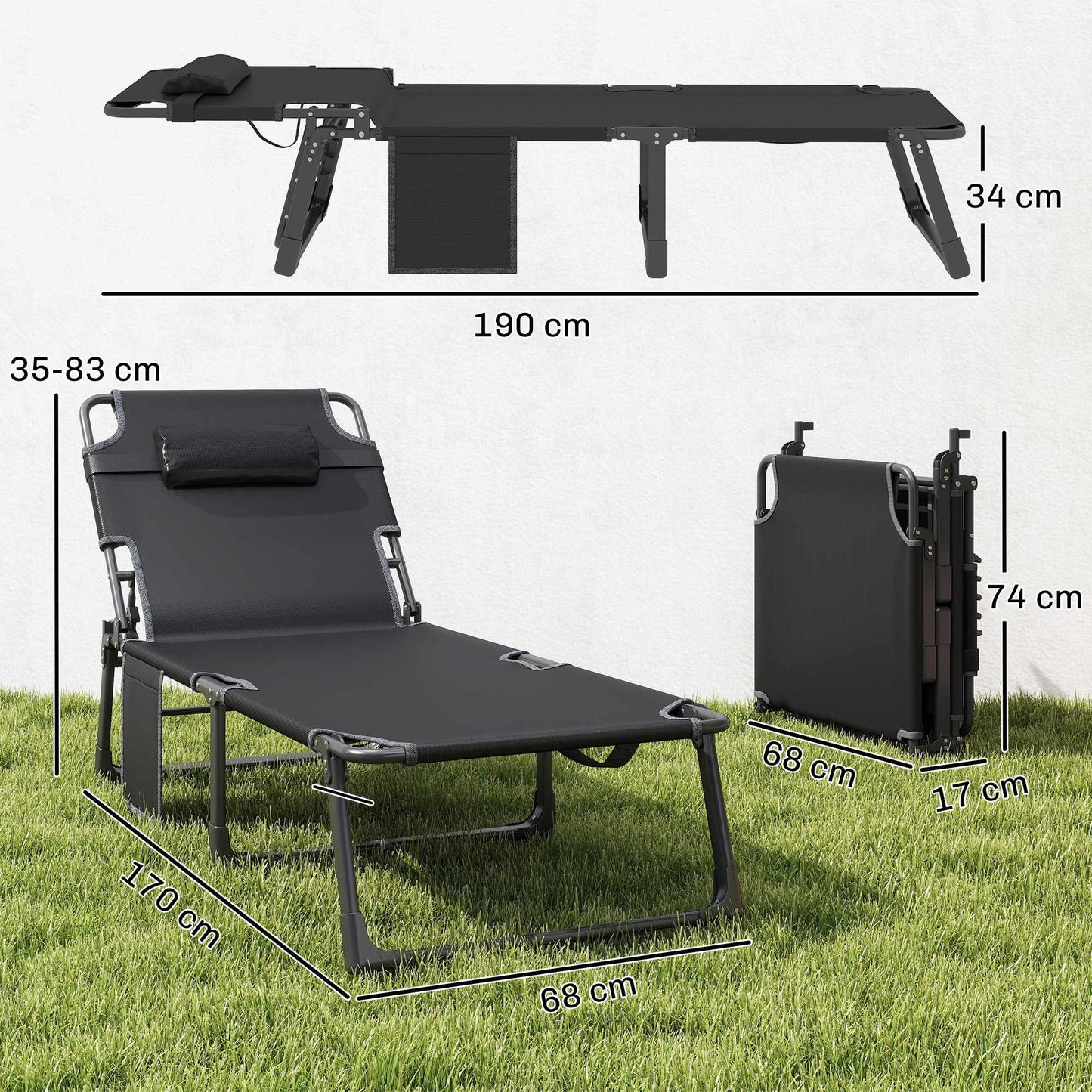 Foldable Sun Lounger with Adjustable Backrest and Cushion
