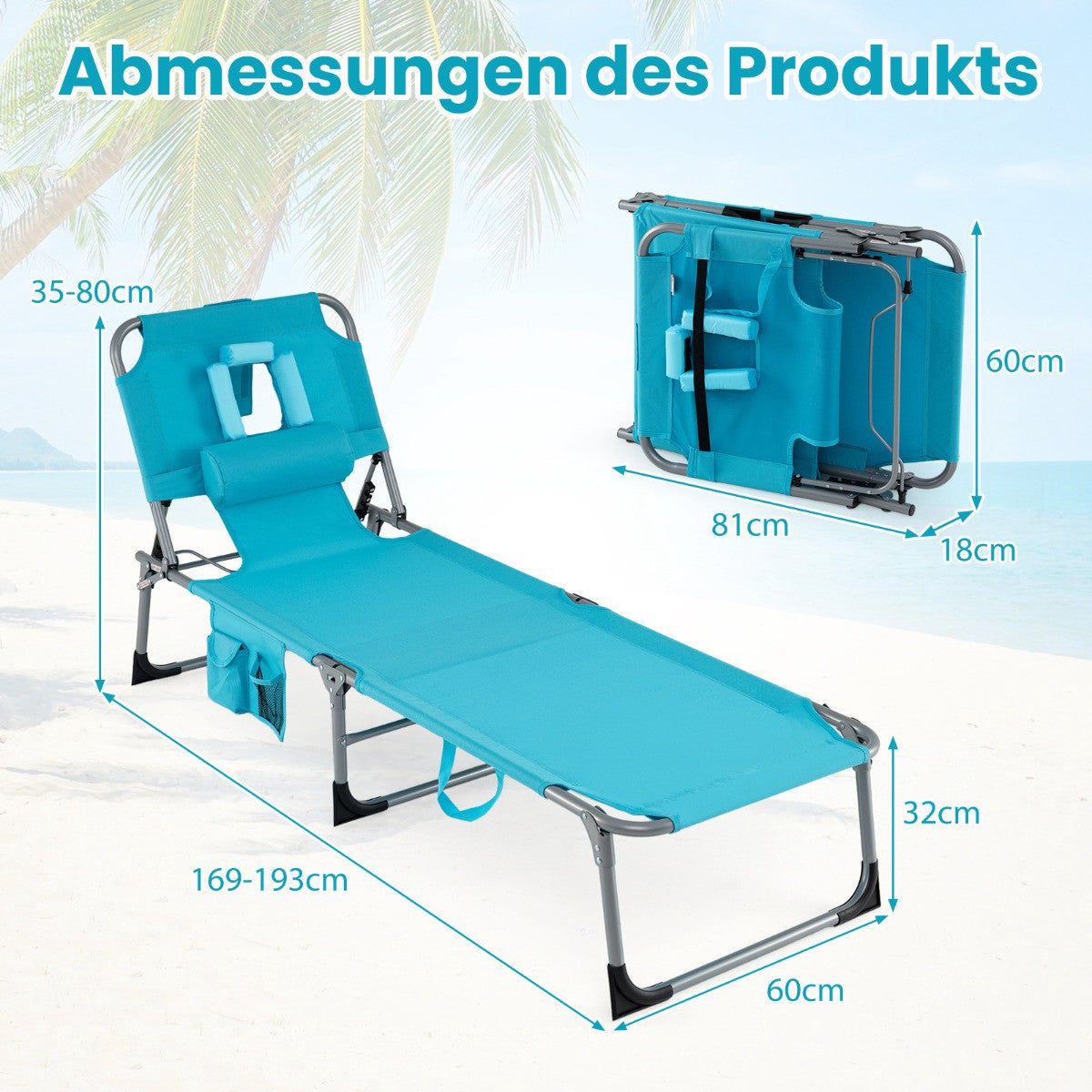 Foldable Sun Lounger with Face & Arm Holes, Adjustable Backrest, Turquoise