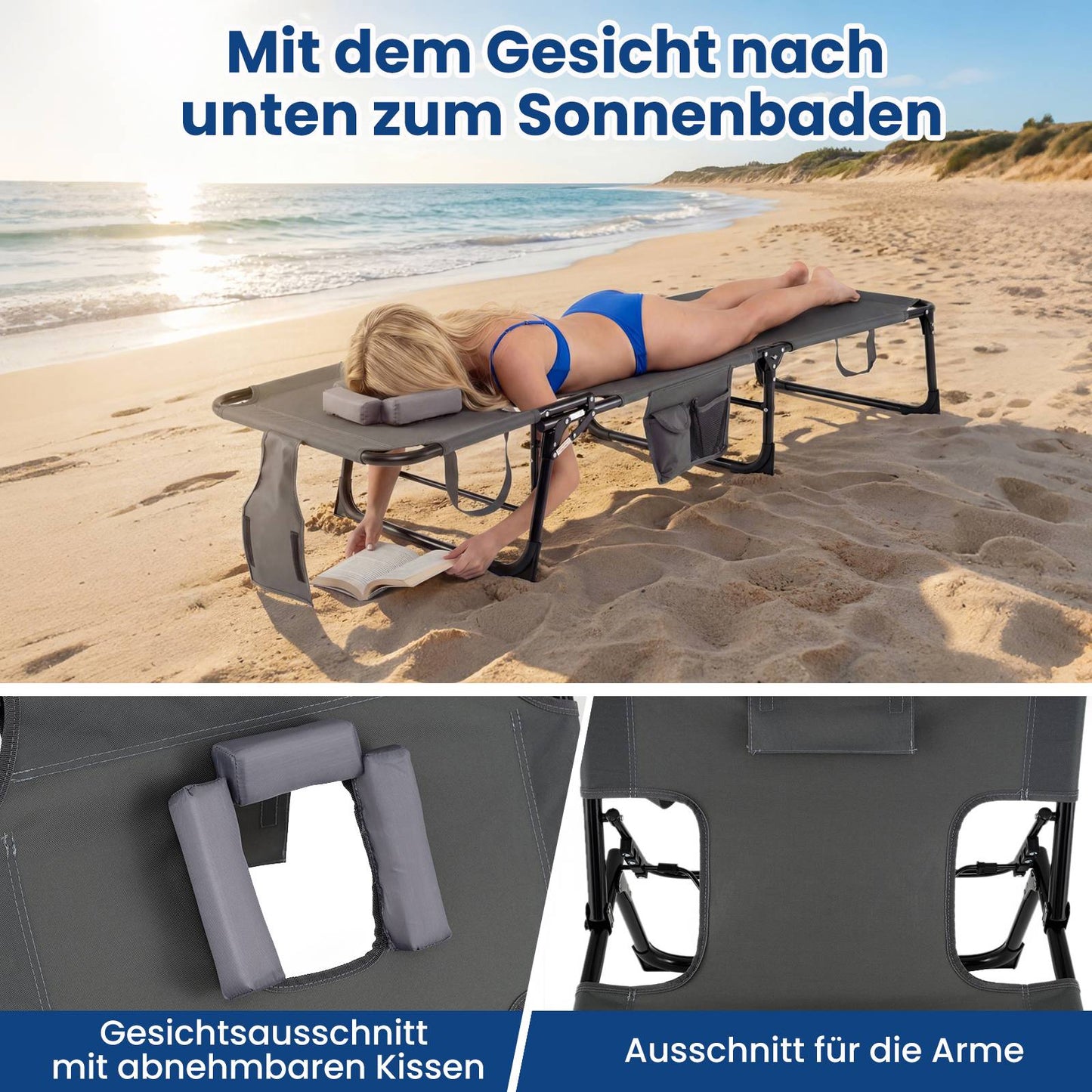 Foldable Sun Lounger with Head & Arm Holes, Adjustable Backrest, Grey