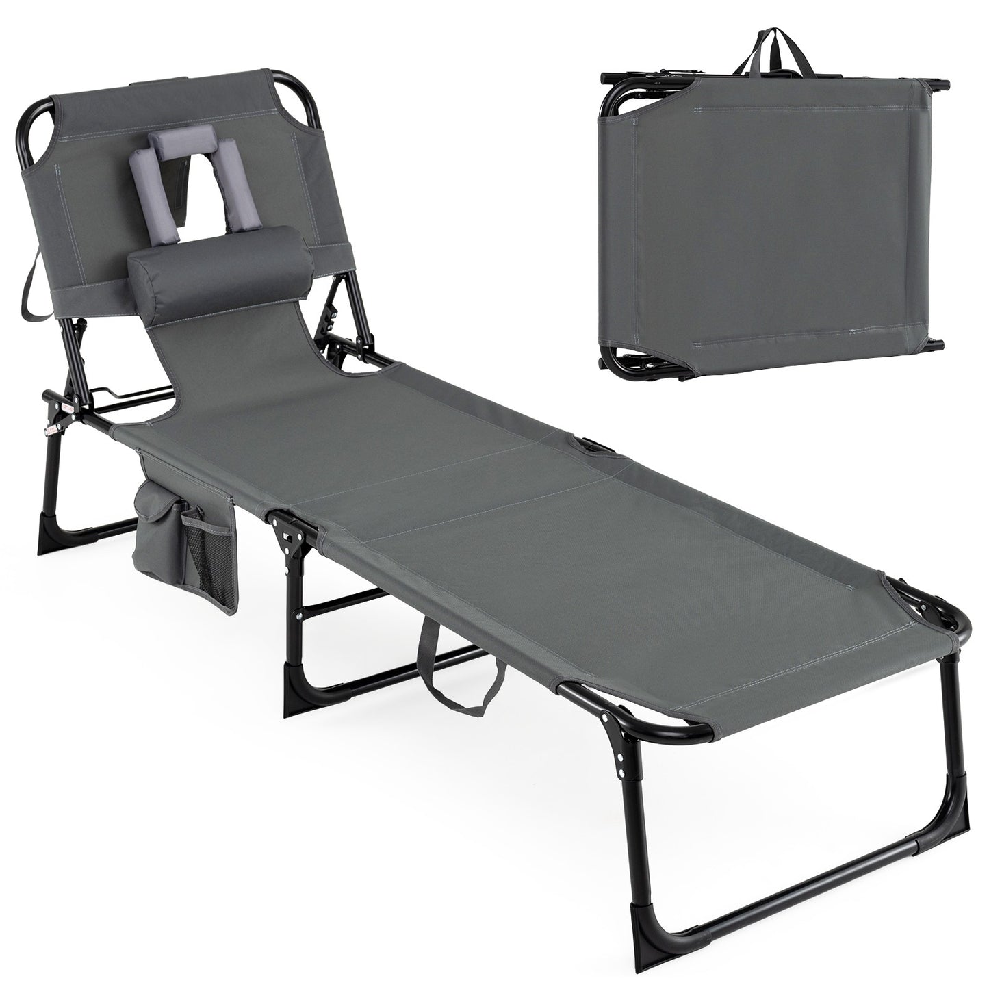 Foldable Sun Lounger with Head & Arm Holes, Adjustable Backrest, Grey