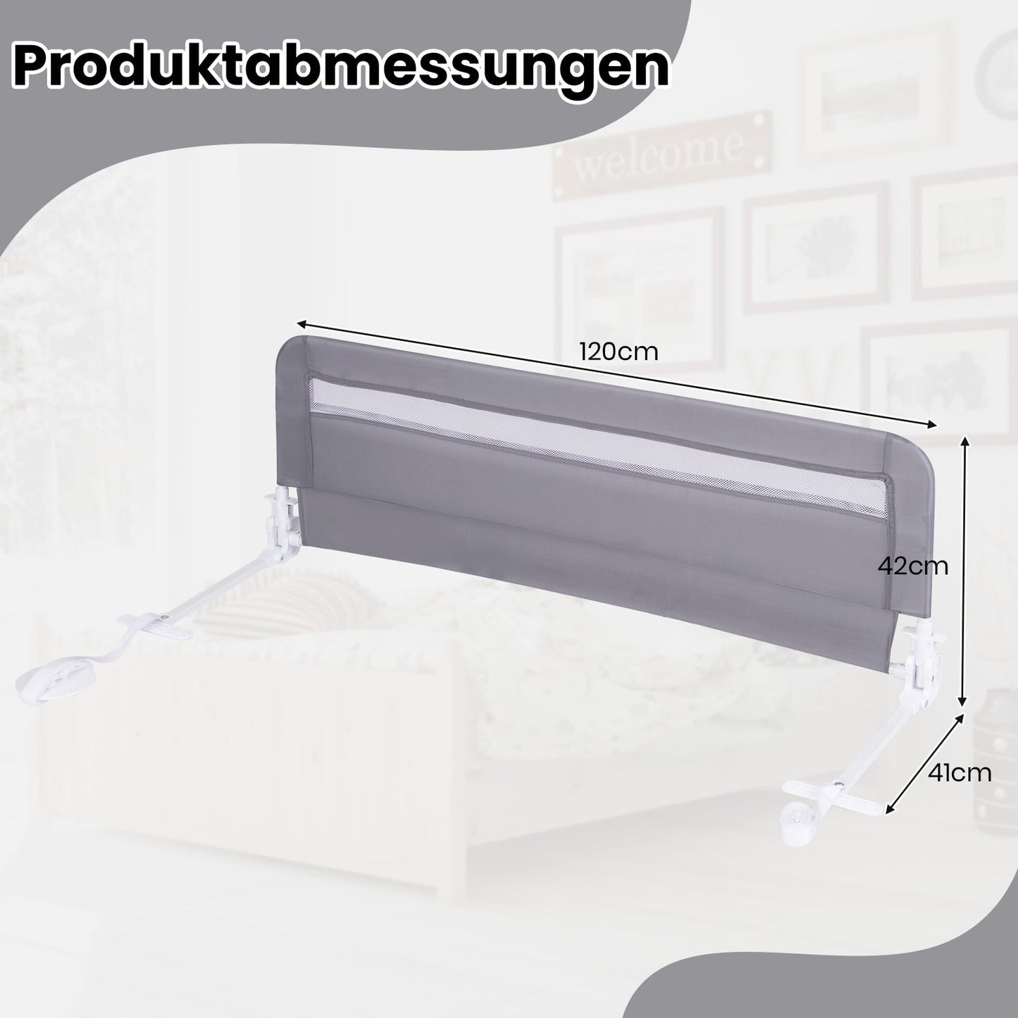 Foldable Toddler Bed Rail, 120 cm, Gray, Washable Cover