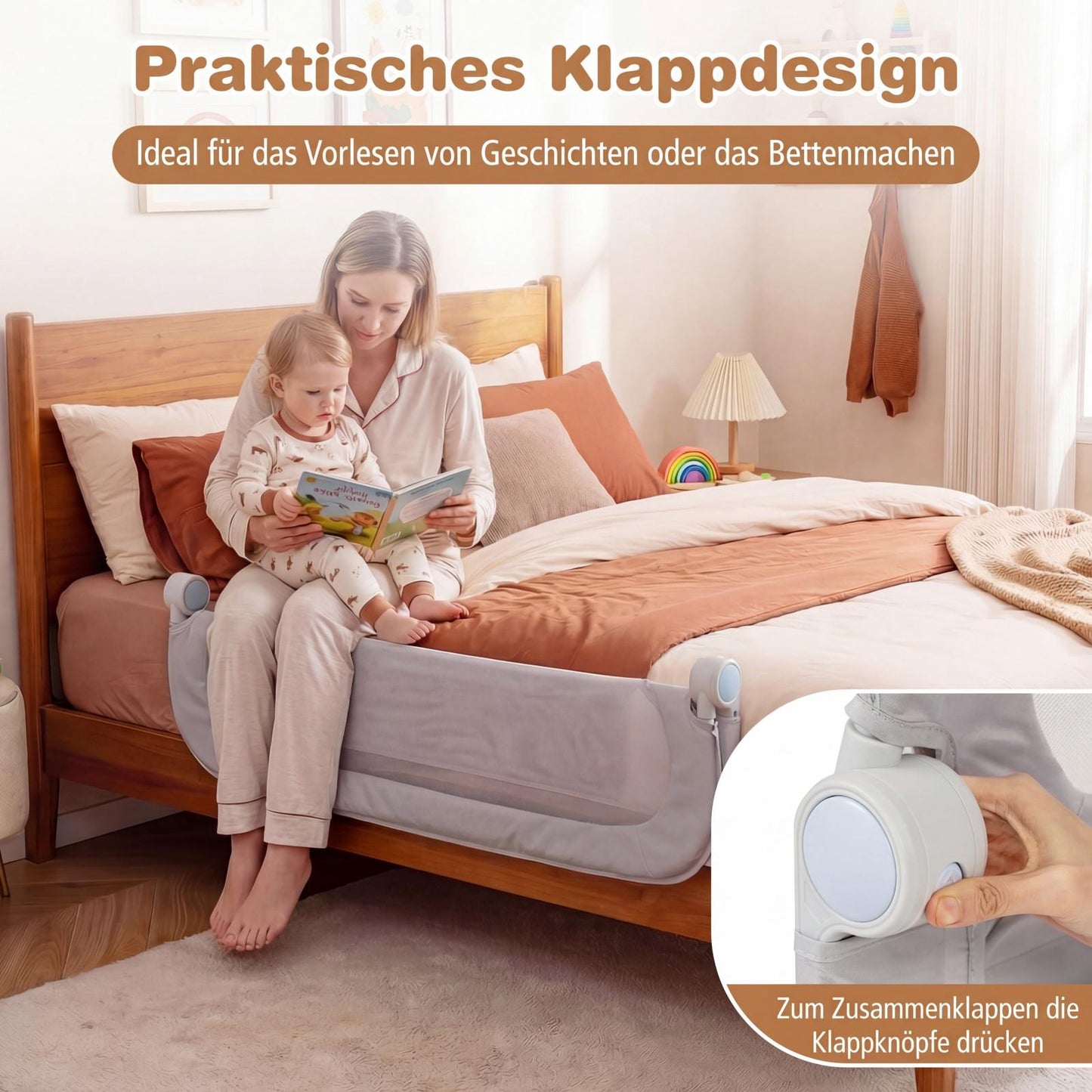 Foldable Toddler Bed Rail, 120x60 cm, Removable Cover