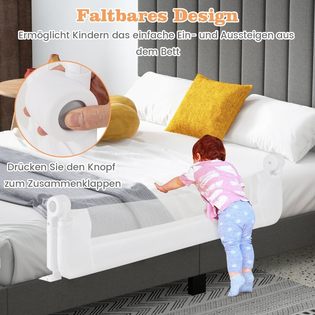 Foldable Toddler Bed Rail with Adjustable Straps, 121x40.5x42 cm