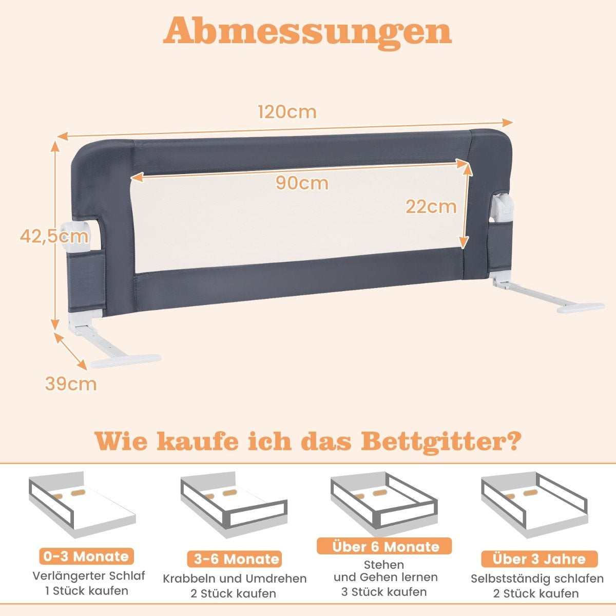 Foldable Toddler Bed Rail with Adjustable Straps, 121x40.5x42 cm, Gray