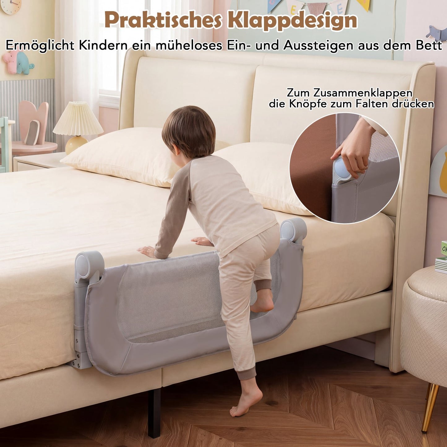Foldable Toddler Bed Rail with Removable Cover, 80x60 cm