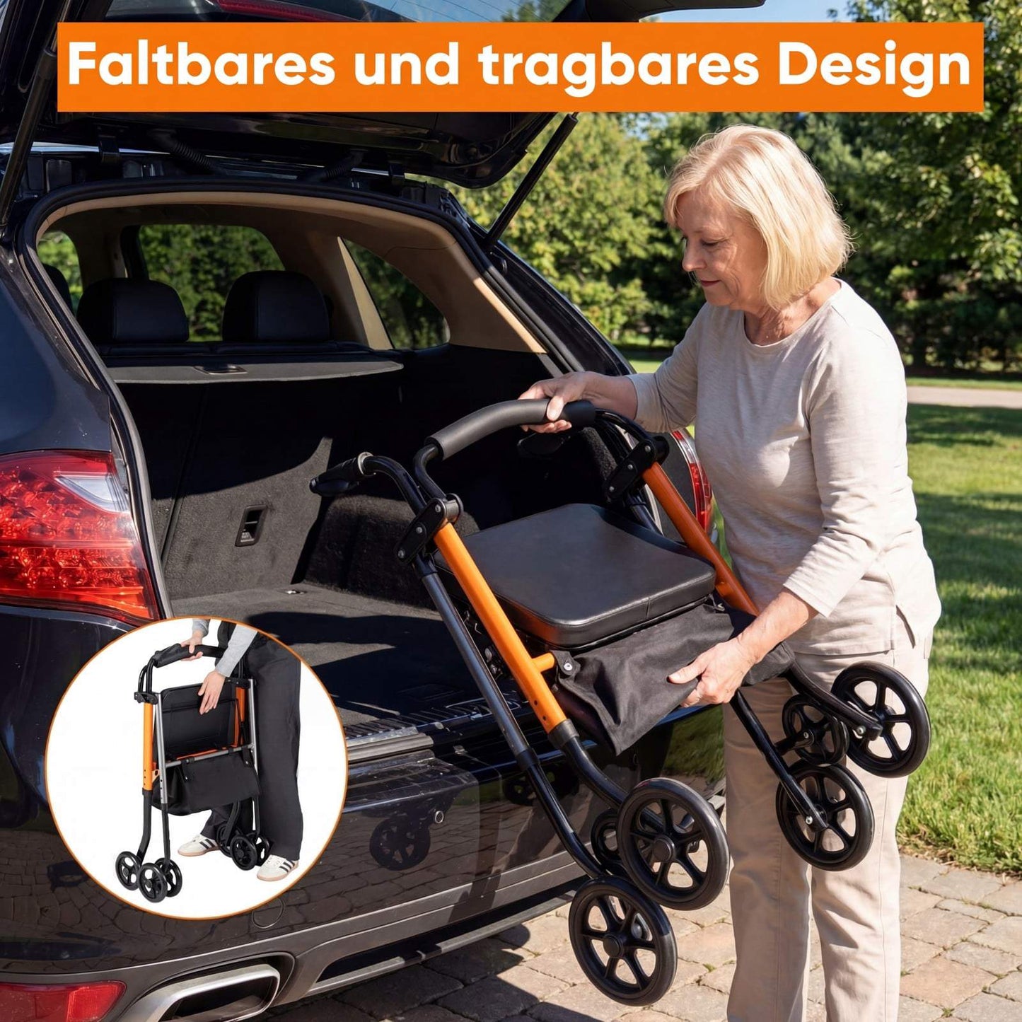 Foldable Travel Rollator, Adjustable Height, Orange, 136 kg Capacity