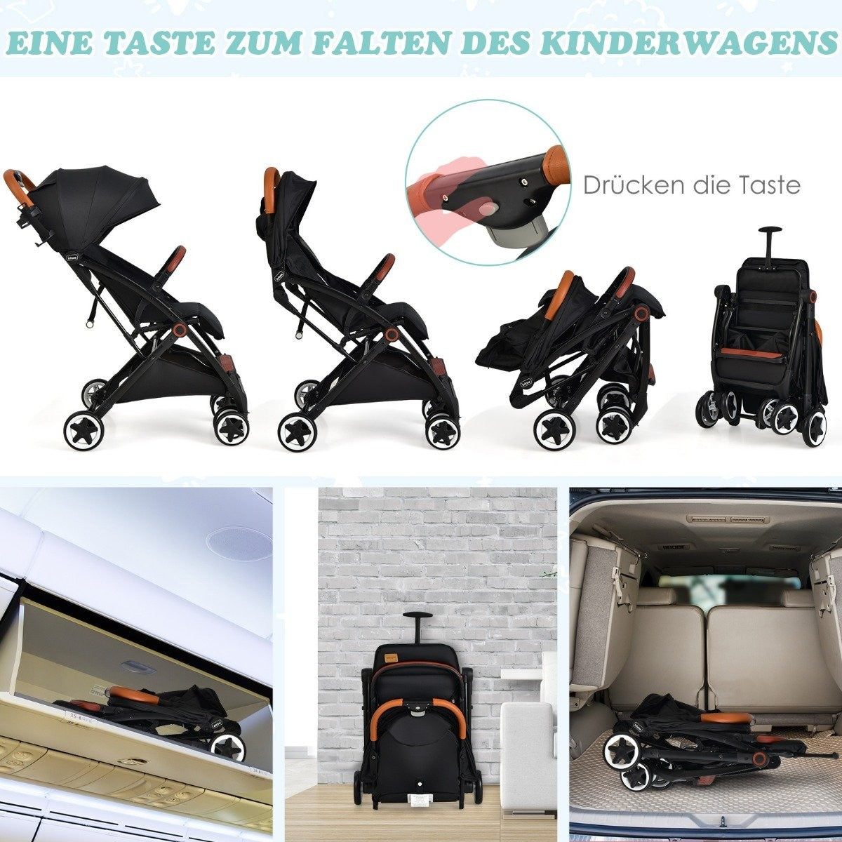 Foldable Travel Stroller with Adjustable Backrest & Canopy
