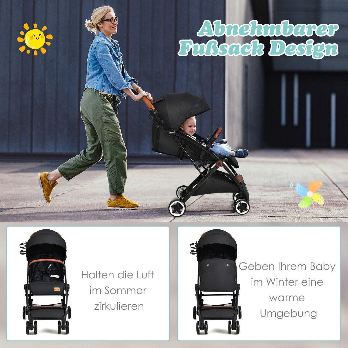 Foldable Travel Stroller with Adjustable Backrest & Canopy