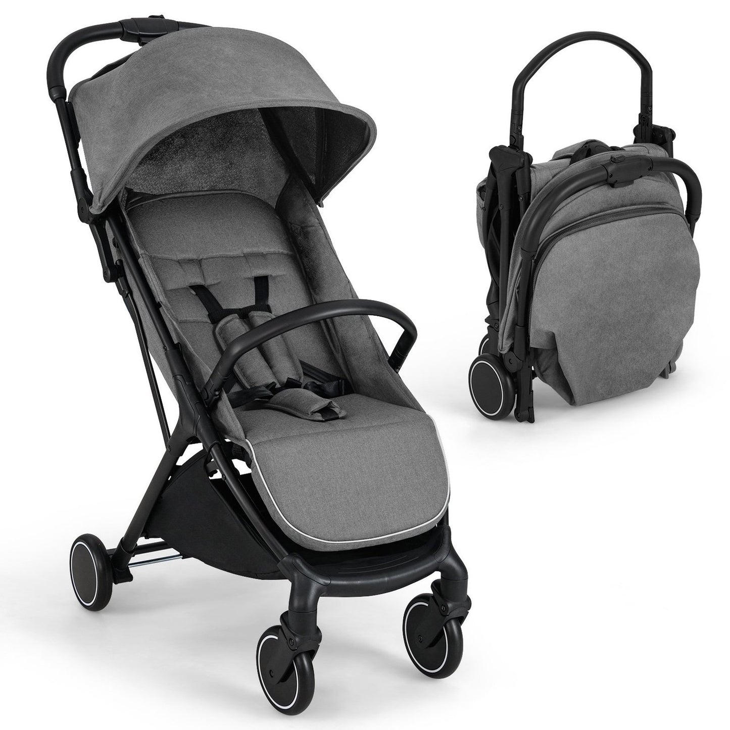 Foldable Travel Stroller with Recline, Adjustable Backrest, Grey