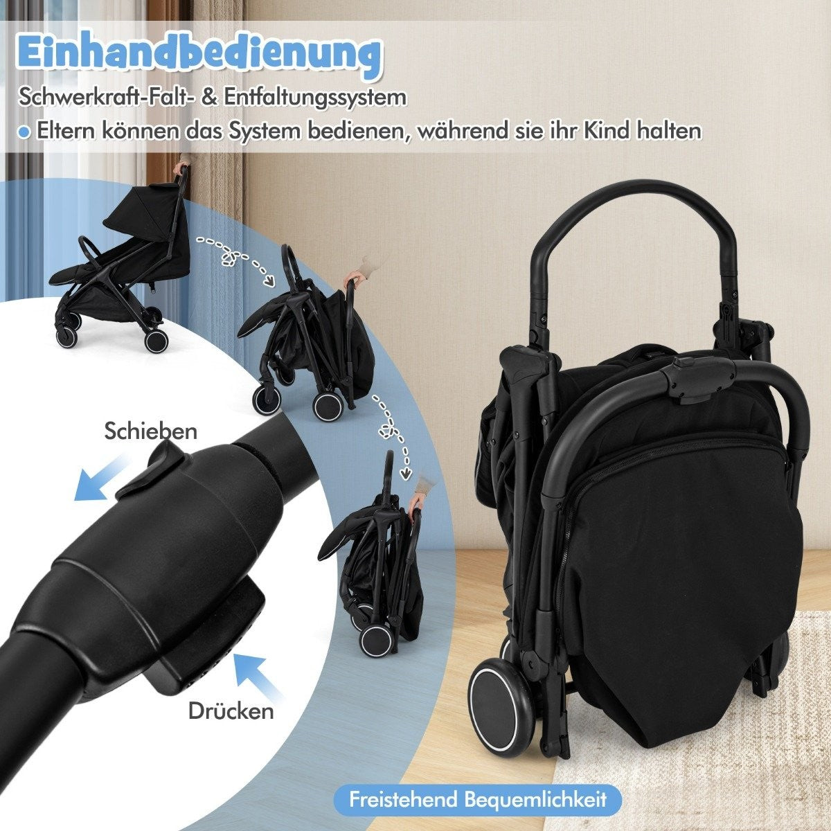 Foldable Travel Stroller with Reclining Seat, Black