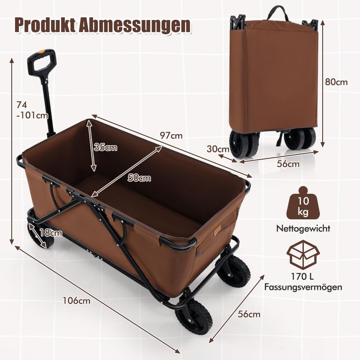 Foldable Wagon with Adjustable Handle, 170L Capacity