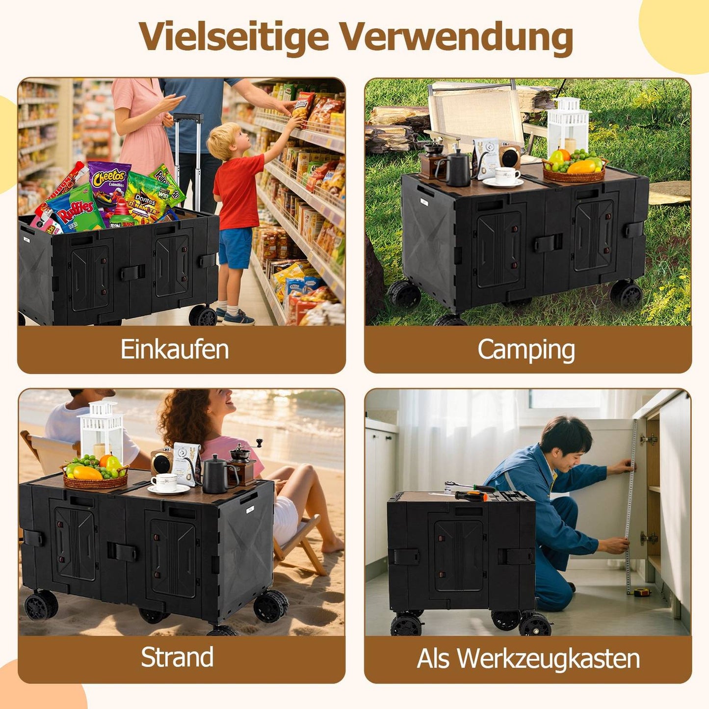 Foldable Wagon with Tabletop, Adjustable Handle, Black