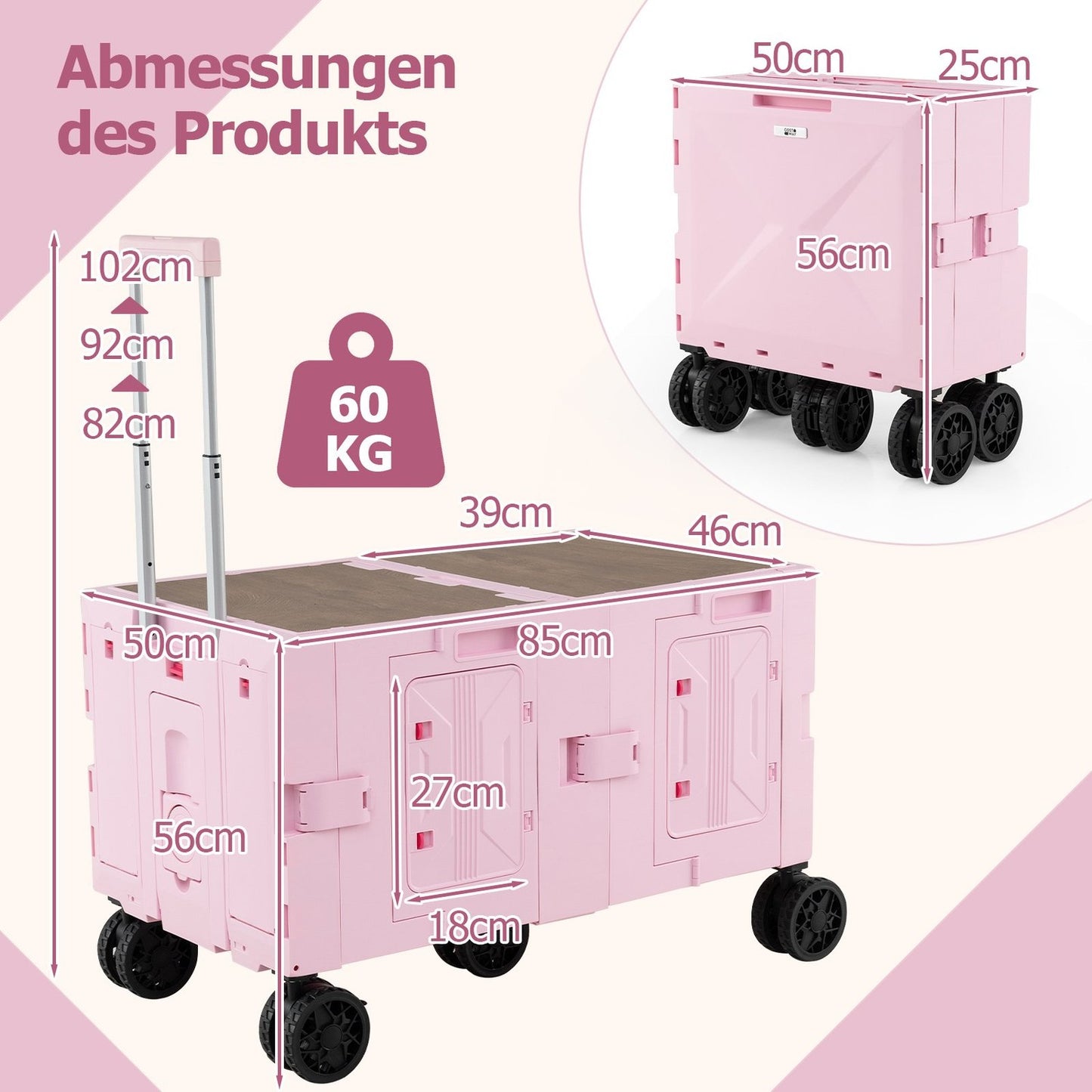 Foldable Wagon with Tabletop, Adjustable Handle, Pink