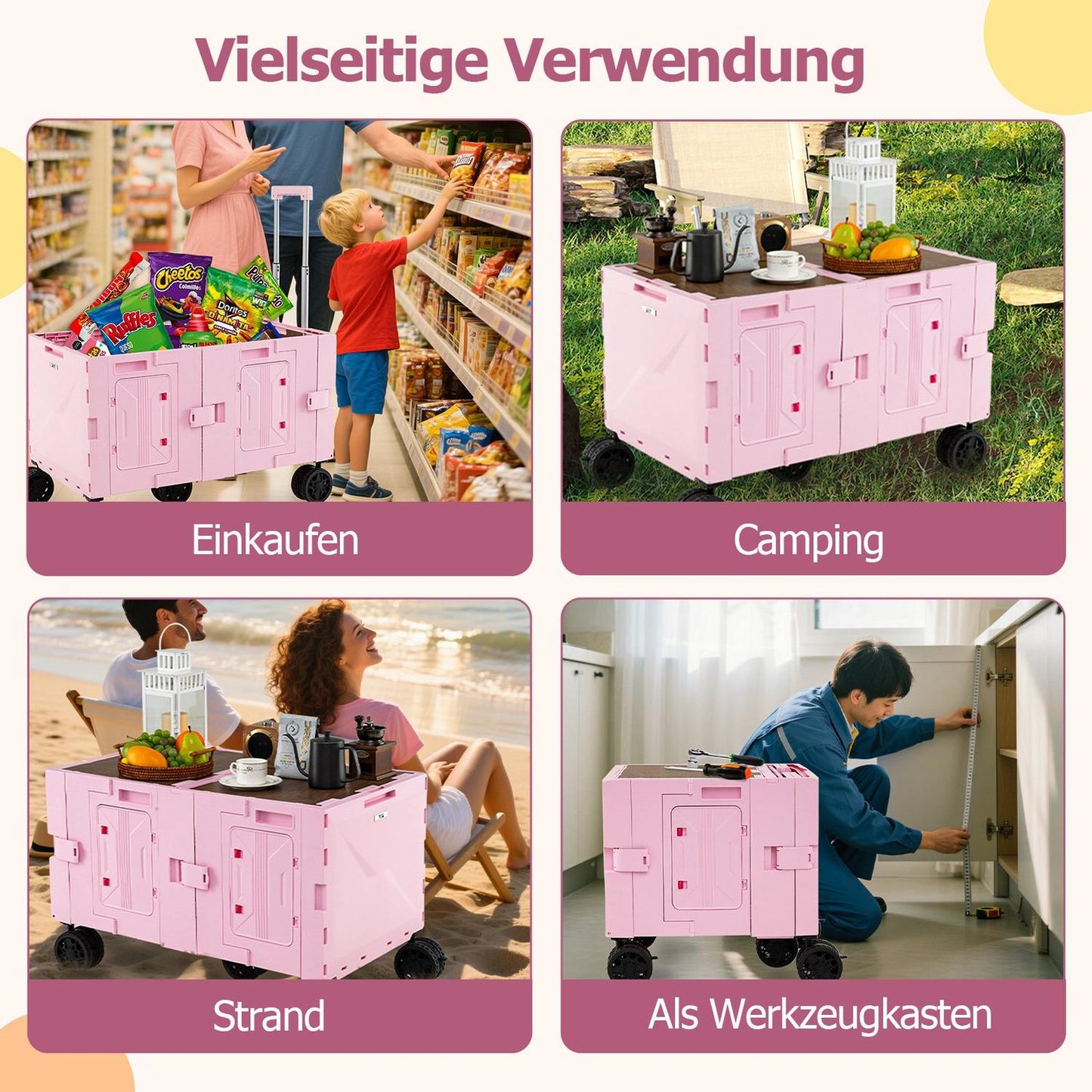 Foldable Wagon with Tabletop, Adjustable Handle, Pink